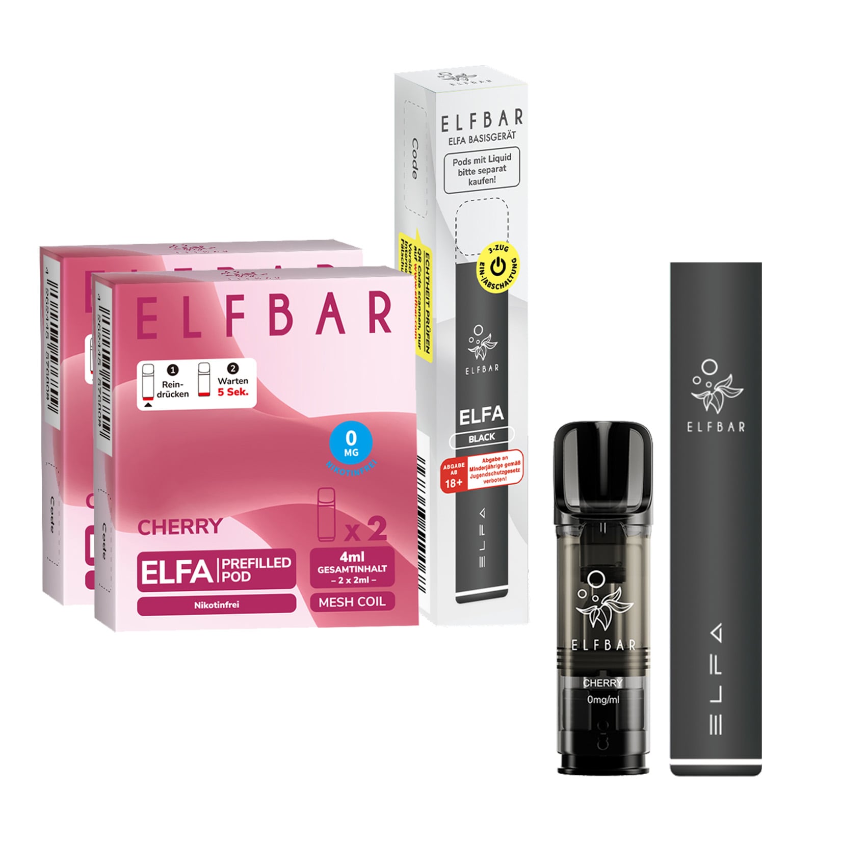 Elf Bar ELFA Black Starterset + Pods Cherry Nikotinfrei je 2 Pods, 2er Pack 