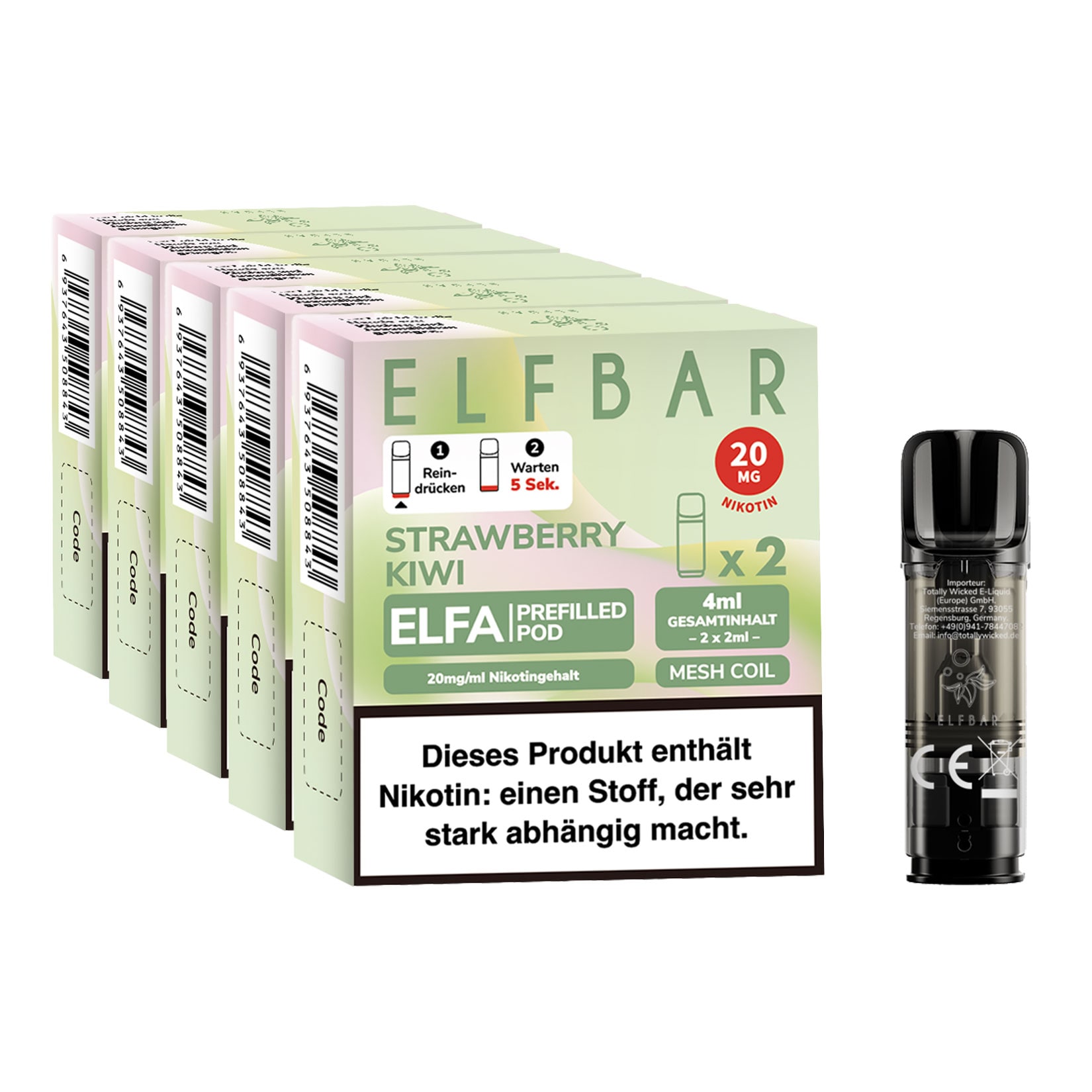 Elf Bar ELFA Prefilled Pod x 2 - Strawberry Kiwi 2.0% , 5er Pack 