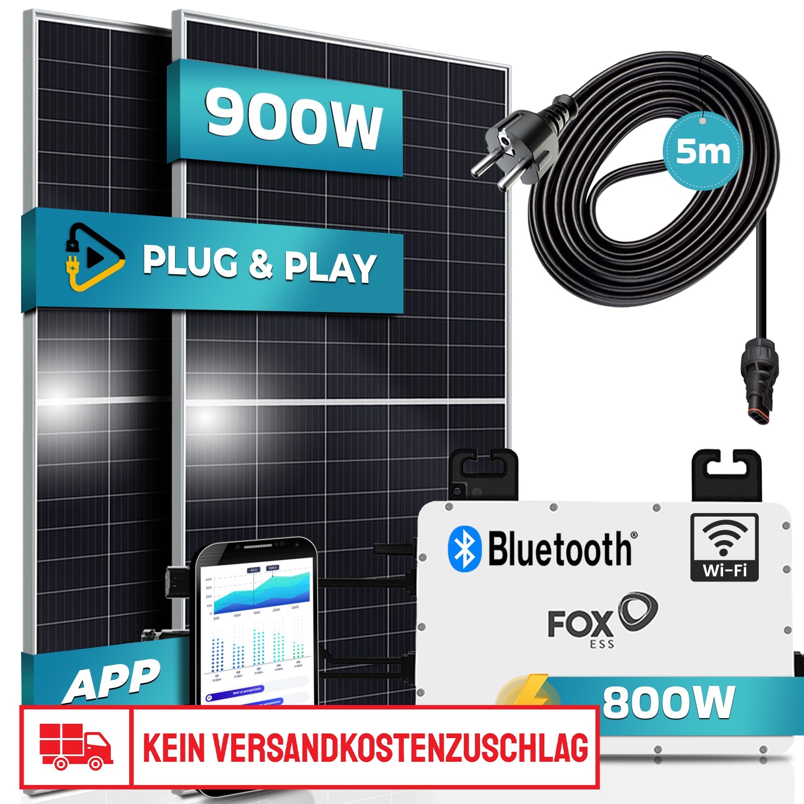 SUNNIVA&reg; 900W Balkonkraftwerk 800W komplett Steckdose - FOX ESS 800W Wechselrichter - PV Solaranlage Komplettset - 2x 450W Solarmodule - inkl. 5m Kabel - Bluetooth WIFI 