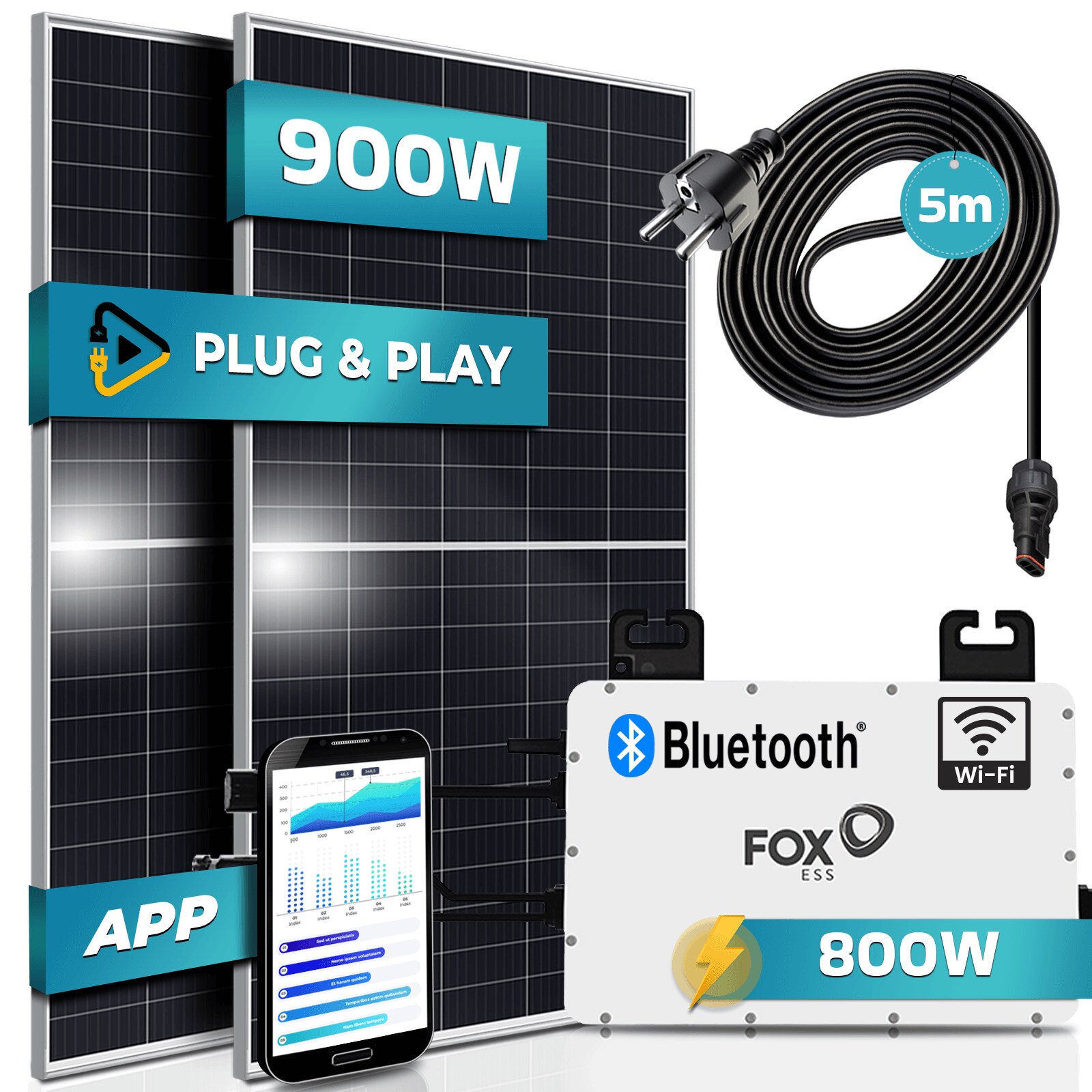 ® 900W Balkonkraftwerk 800W komplett Steckdose - FOX ESS 800W Wechselrichter - PV Solaranlage Komplettset - 2x 450W Solarmodule - inkl. 5m Kabel - Bluetooth WIFI