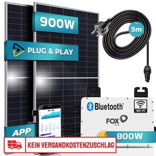 SUNNIVA® 900W Balkonkraftwerk 800W komplett Steckdose - FOX ESS 800W Wechselrichter - PV Solaranlage Komplettset - 2x 450W Solarmodule - inkl. 5m Kabel - Bluetooth WIFI 
