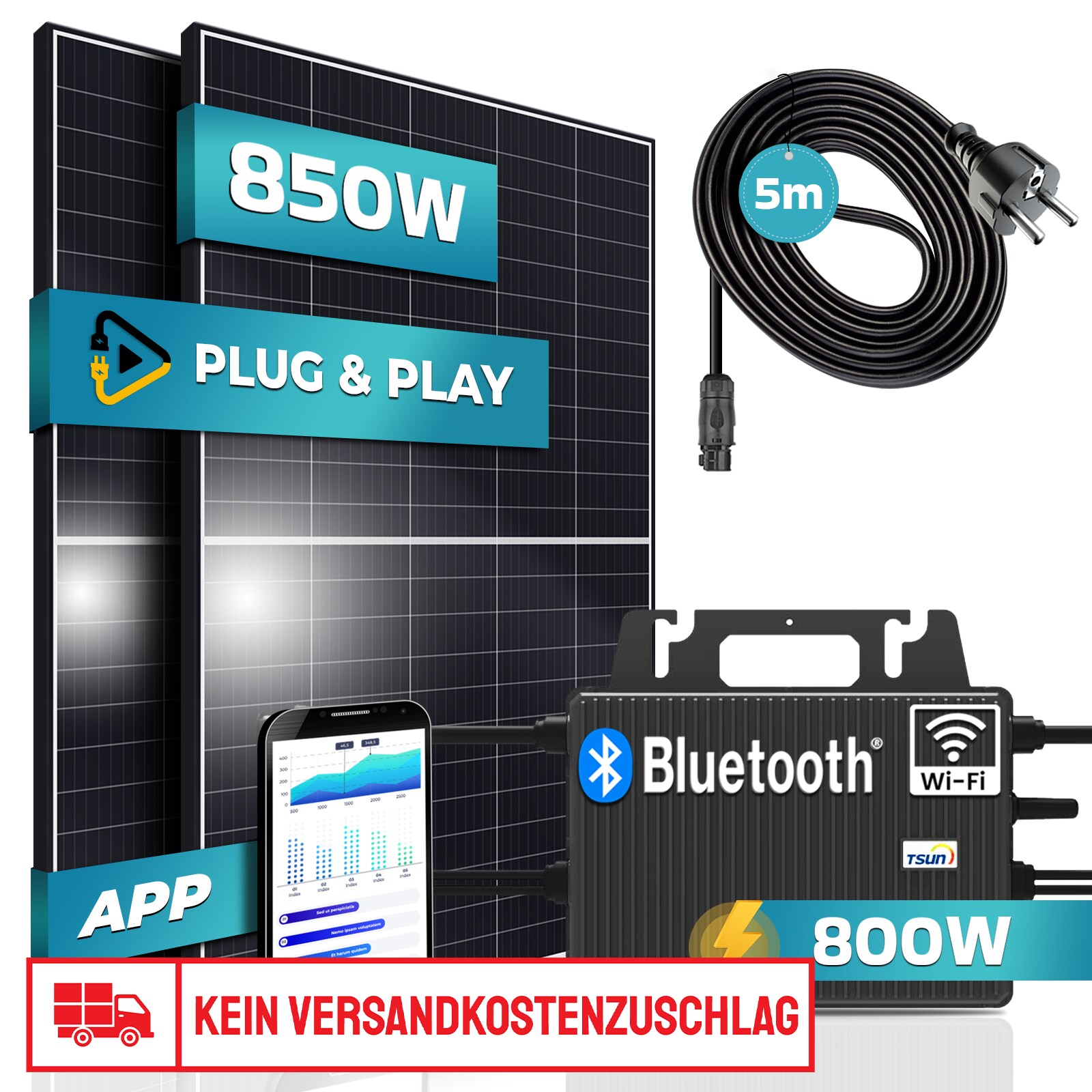 SUNNIVA&reg; 850W Balkonkraftwerk 800W komplett Steckdose - TSUN 800W Wechselrichter - PV Solaranlage Komplettset - 2x 425W Solarmodule - inkl. 5m Kabel - Bluetooth WIFI 