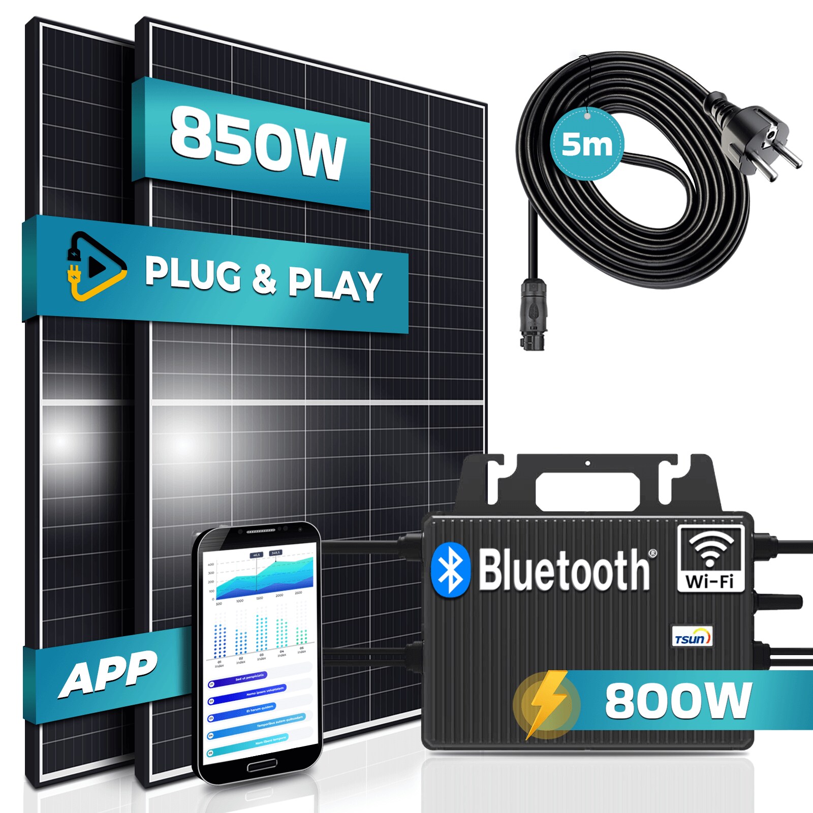 ® 850W Balkonkraftwerk 800W komplett Steckdose - TSUN 800W Wechselrichter - PV Solaranlage Komplettset - 2x 425W Solarmodule - inkl. 5m Kabel - Bluetooth WIFI