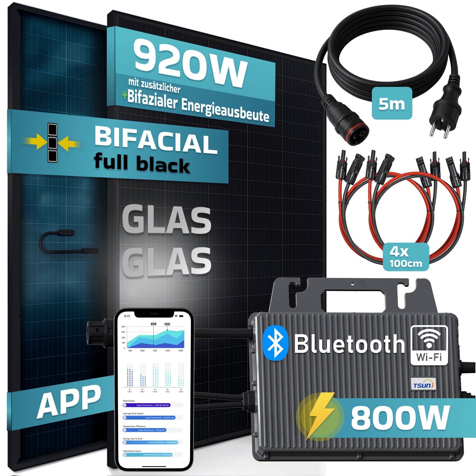 SUNNIVA&reg; 920W Balkonkraftwerk BIFAZIAL FULLBLACK komplett Steckdose TSUN 800W Wechselrichter, PV Solaranlage, 2x 460W Glas-Glas Solarmodule, inkl. 5m Kabel, Bluetooth WIFI, Komplettset 