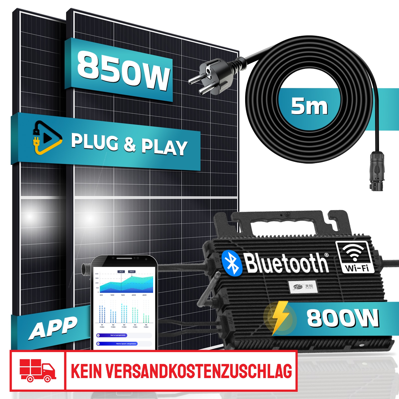 SUNNIVA&reg; 850W Balkonkraftwerk 800W komplett Steckdose - Astro-Energy 800W Micro Wechselrichter - PV Solaranlage Komplettset - 2x 425W (850W) Solarmodule - inkl. 5m Kabel - Bluetooth, WIFI 