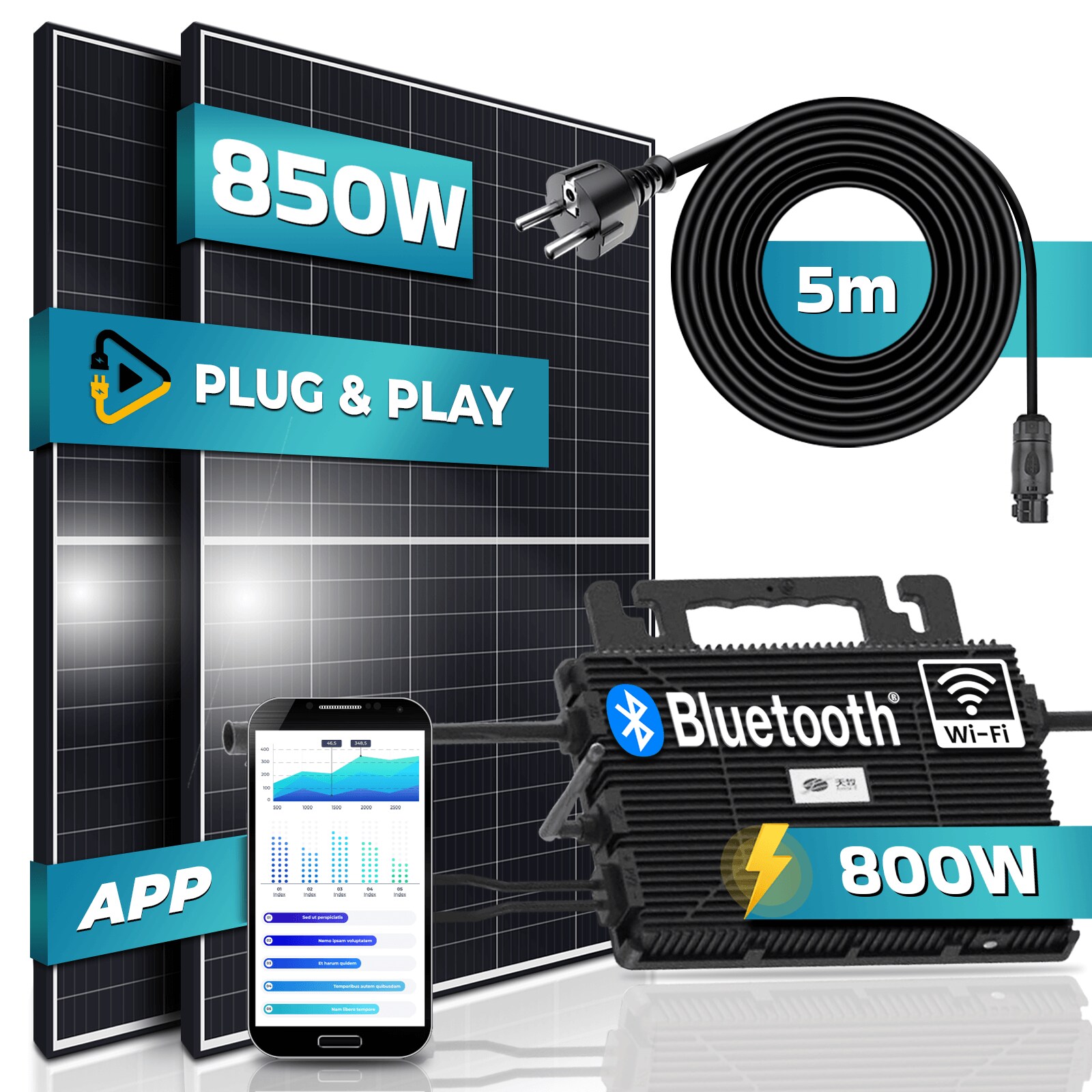 ® 850W Balkonkraftwerk 800W komplett Steckdose - Astro-Energy 800W Micro Wechselrichter - PV Solaranlage Komplettset - 2x 425W (850W) Solarmodule - inkl. 5m Kabel - Bluetooth, WIFI