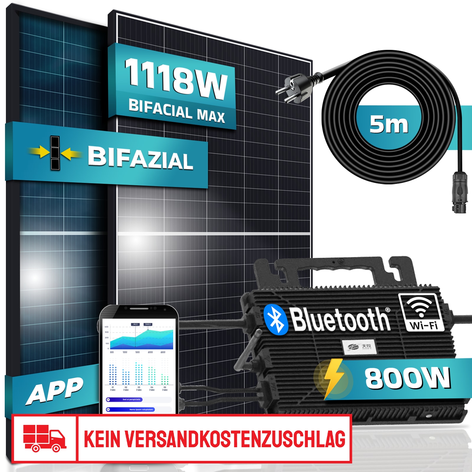 SUNNIVA&reg; Balkonkraftwerk BIFAZIAL 1118/800W Solaranlage mit 800W Astro-Energy Micro Wechselrichter mit Wifi Bluetooth, upgradebar drosselbar, 2x 430W Solarmodule, 5m Kabel, Photovoltaikanlage 
