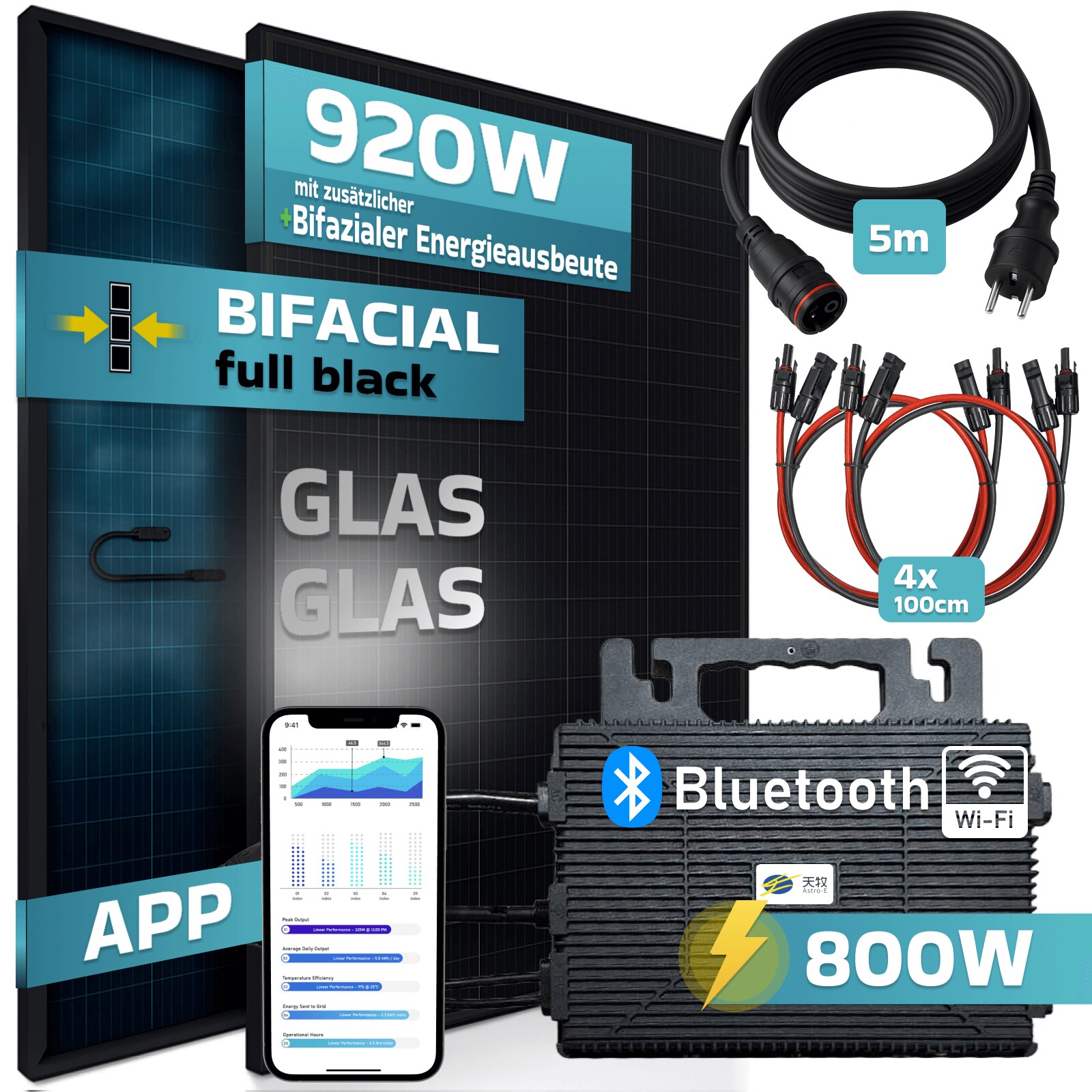 ® 920W Balkonkraftwerk BIFAZIAL FULLBLACK komplett Steckdose ASTRO-E 800 Watt Wechselrichter, PV Solaranlage Komplettset, 2x 460W N-Type Glas-Glas Bifacial Solarmodule, 5m Kabel, 4x 1m Solarkabel