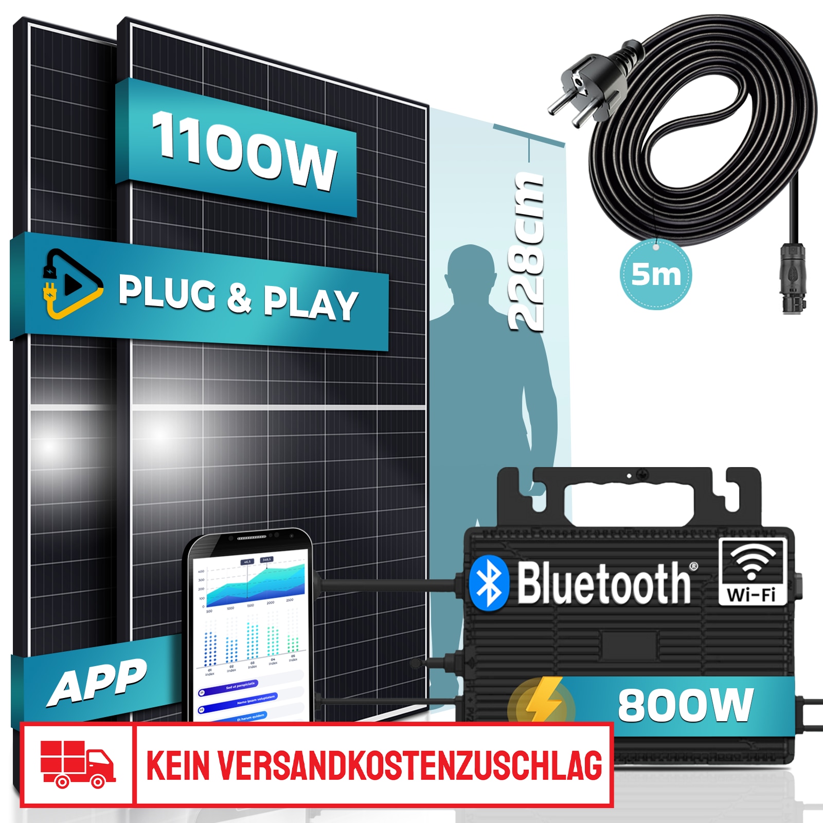 SUNNIVA&reg; Balkonkraftwerk 1100/800W Solaranlage mit 800W Astro-Energy Micro Wechselrichter mit Wifi Bluetooth, upgradebar drosselbar, 2x 550W Solarmodule, 5m Kabel, Solarkabel, Photovoltaikanlage 