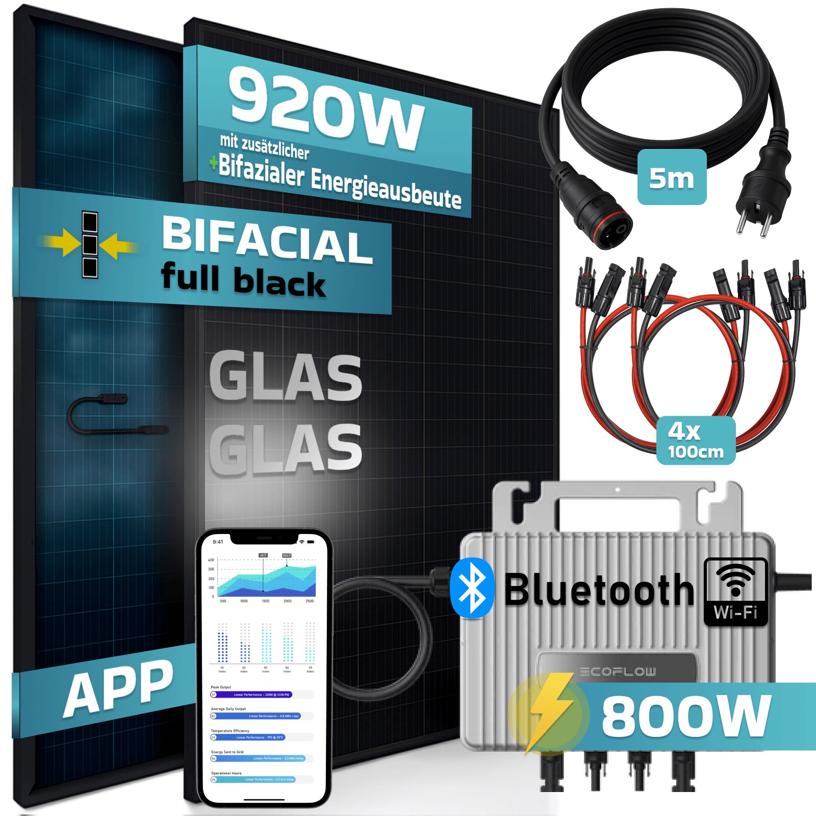 SUNNIVA&reg; 920W Balkonkraftwerk BIFAZIAL FULLBLACK komplett Steckdose EcoFlow 800 Watt Wechselrichter, PV Solaranlage Komplettset, 2x 460W N-Type Glas-Glas Bifacial Solarmodule, 5m Kabel & 4x 1m Solarkabel 