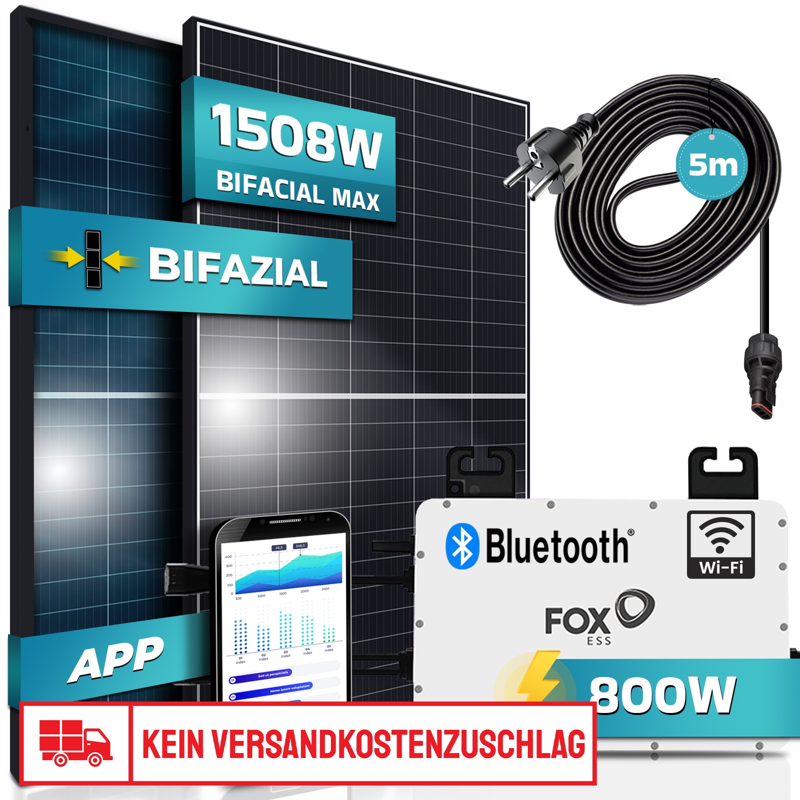 SUNNIVA&reg; Balkonkraftwerk BIFACIAL Black Frame 1508W/800W Solaranlage mit 800W Fox ESS Micro Wechselrichter Wifi Bluetooth, upgradebar drosselbar, 2x580W Solarmodule, 5m Kabel, Photovoltaikanlage 