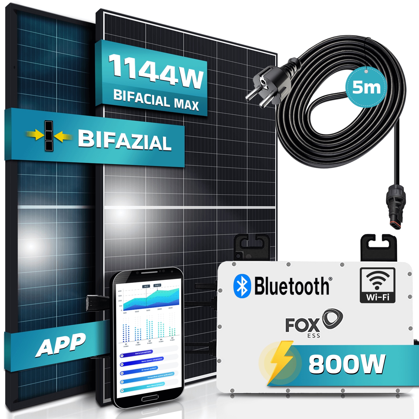 SUNNIVA&reg; 880W Balkonkraftwerk 800W komplett Steckdose, FOX ESS 800W Wechselrichter, PV Solaranlage Komplettset, 2x 440W BIFAZIAL, BLACK Frame, Single Glas Solarmodule, inkl. 5m Kabel - Bluetooth 
