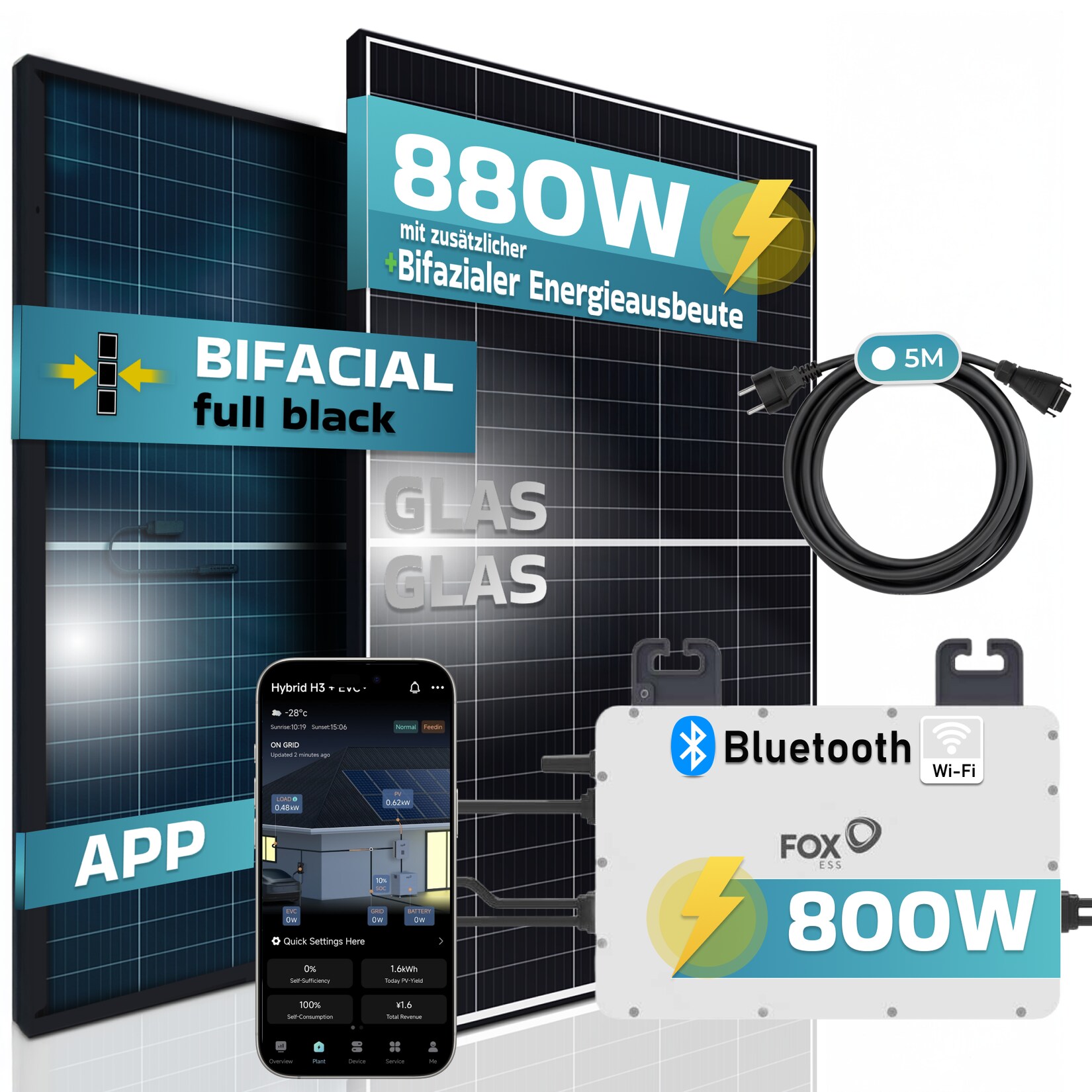 ® 880W Balkonkraftwerk 800W komplett Steckdose, FOX ESS 800W Wechselrichter, PV Solaranlage Komplettset, 2x 440W BIFAZIAL, BLACK Frame, Single Glas Solarmodule, inkl. 5m Kabel - Bluetooth