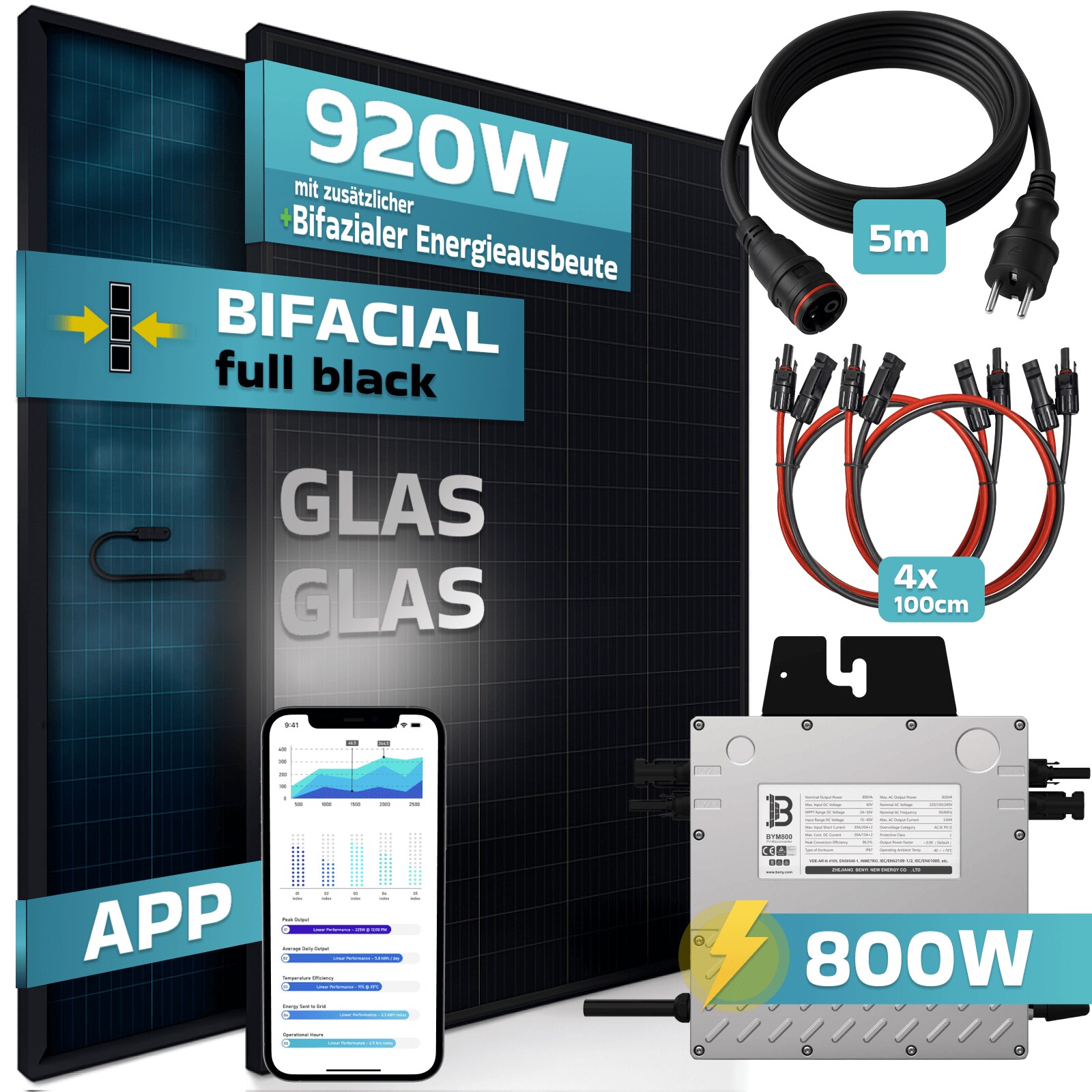 ® 920W Balkonkraftwerk BIFAZIAL FULLBLACK komplett Steckdose Beny 800 Watt Wechselrichter, PV Solaranlage Komplettset, 2x 460W N-Type Glas-Glas Bifacial Solarmodule, 5m Kabel & 4x 1m Solarkabel
