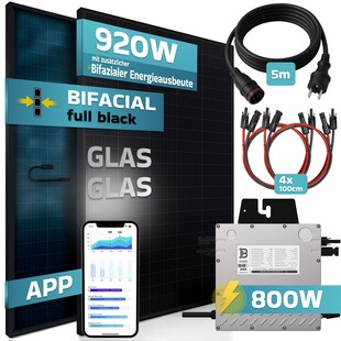 SUNNIVA® 920W Balkonkraftwerk BIFAZIAL FULLBLACK komplett Steckdose Beny 800 Watt Wechselrichter, PV Solaranlage Komplettset, 2x 460W N-Type Glas-Glas Bifacial Solarmodule, 5m Kabel & 4x 1m Solarkabel 
