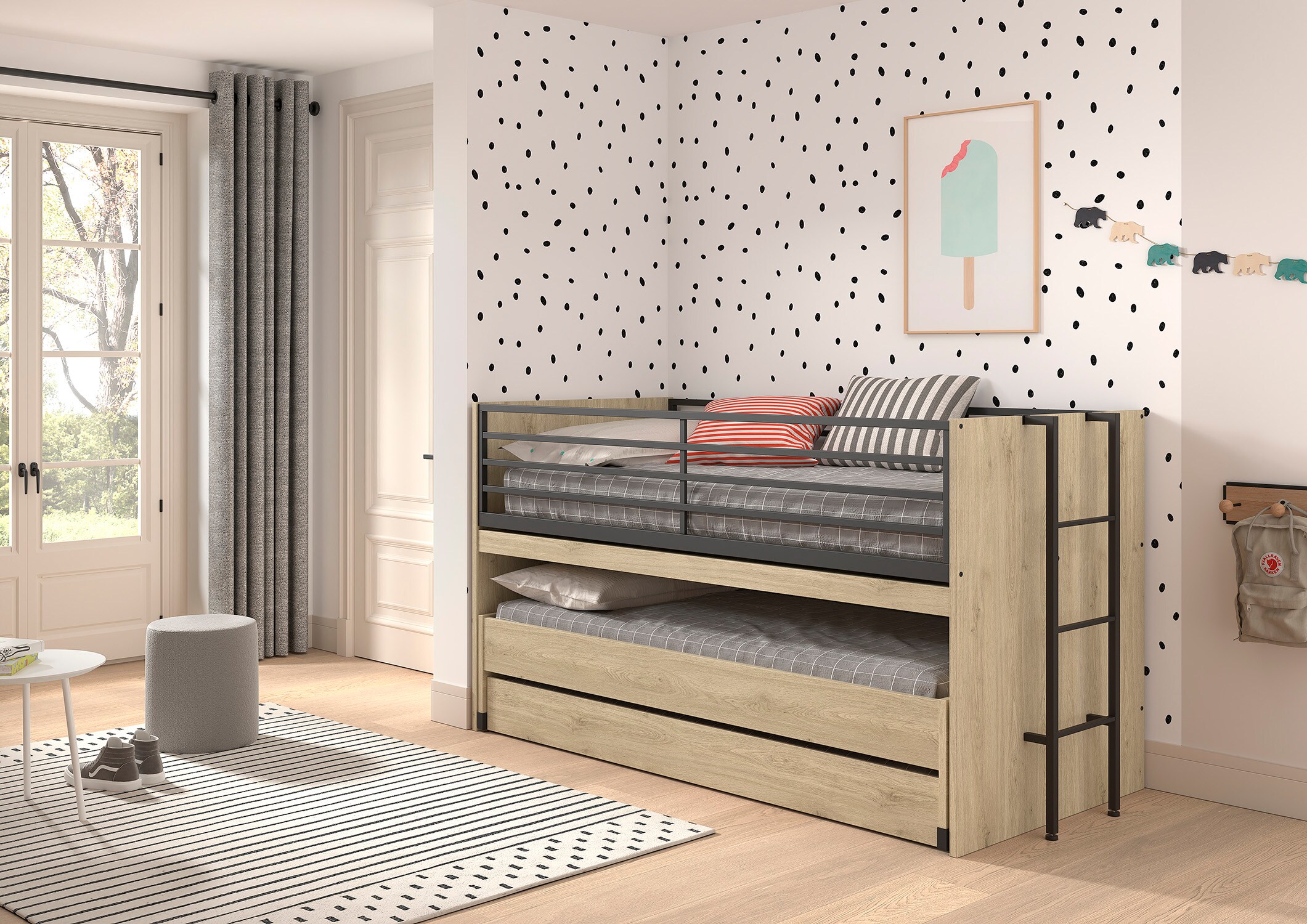 SAM halbhohes Bett mit viel Funktion, 2 Liegefl&auml;chen 90 x 200 cm und Bettschublade, Ausf. Eiche Melamin Dekor 