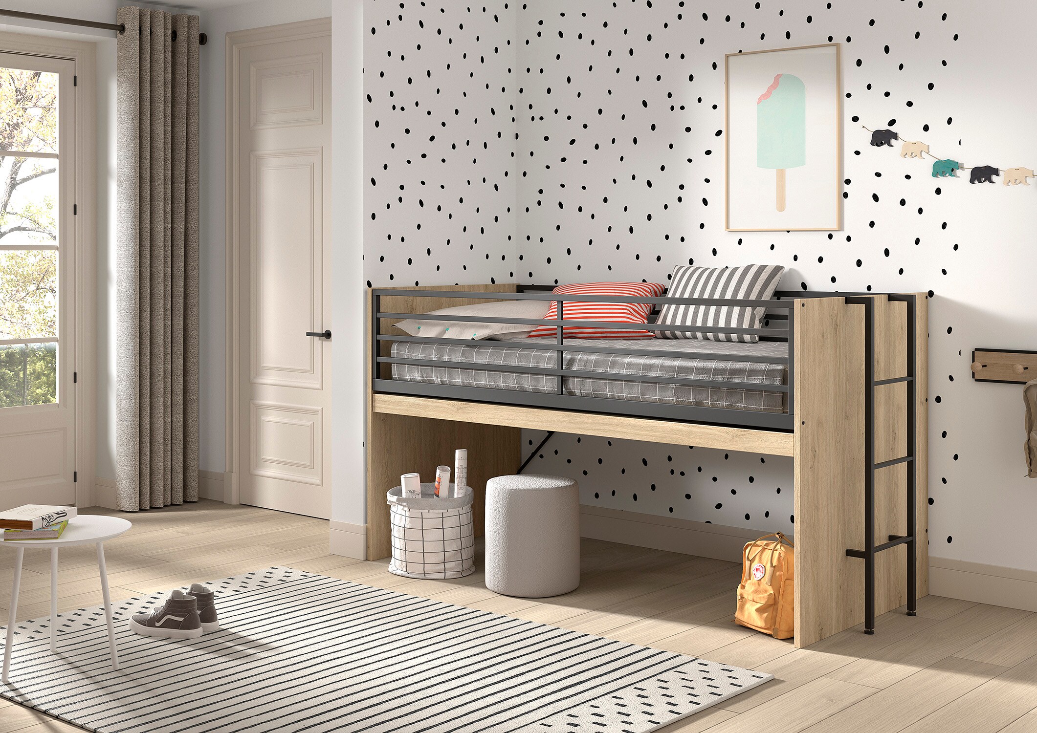 SAM halbhohes Bett mit ausziehbarem Schreibtisch, Liegefl&auml;chen 90 x 200 cm, Ausf. Eiche Melamin Dekor 