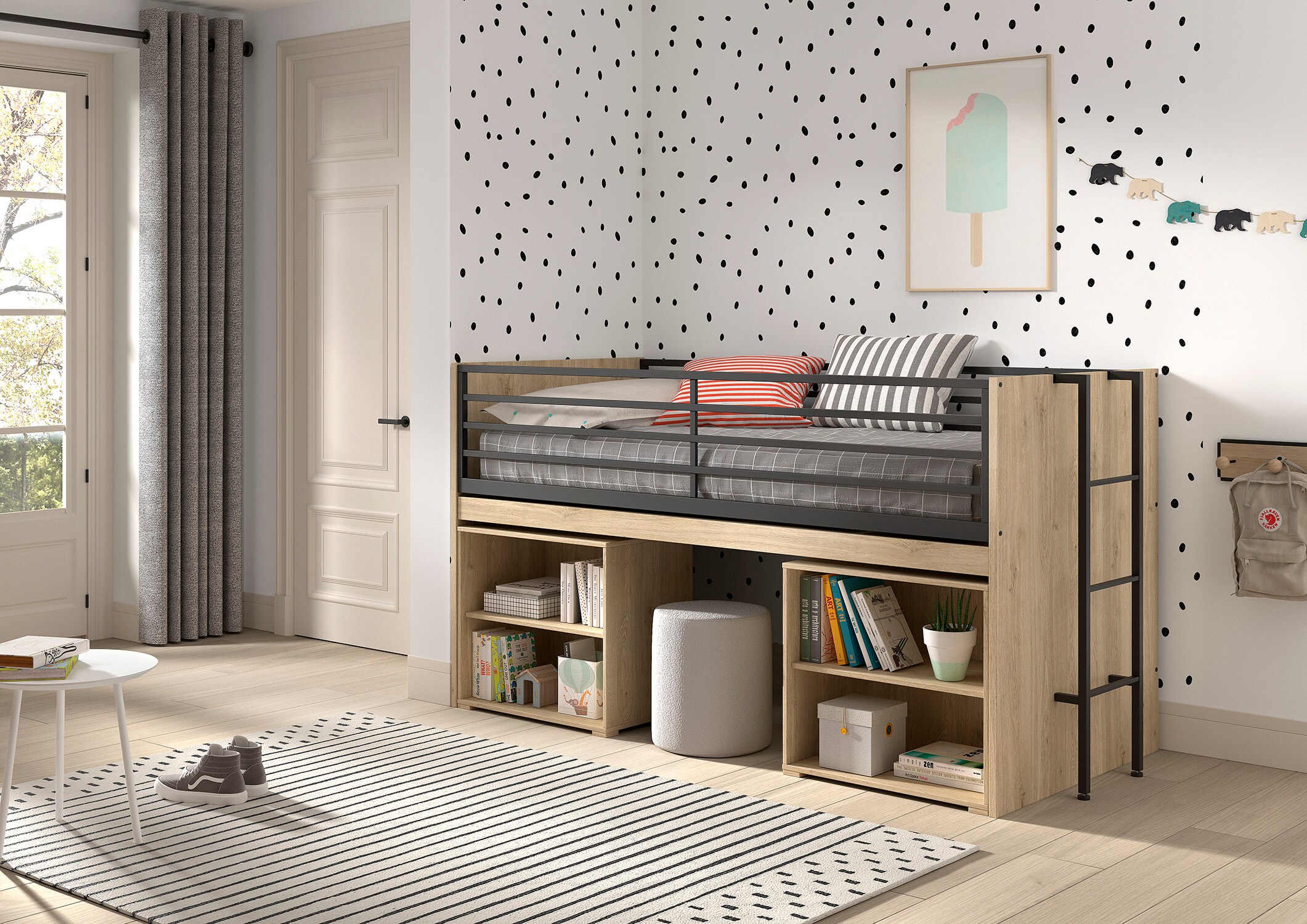 SAM halbhohes Bett mit ausziehbarem Schreibtisch, 2 Regalen, Liegefl&auml;che 90 x 200 cm, Ausf. Eiche Melamin Dekor 