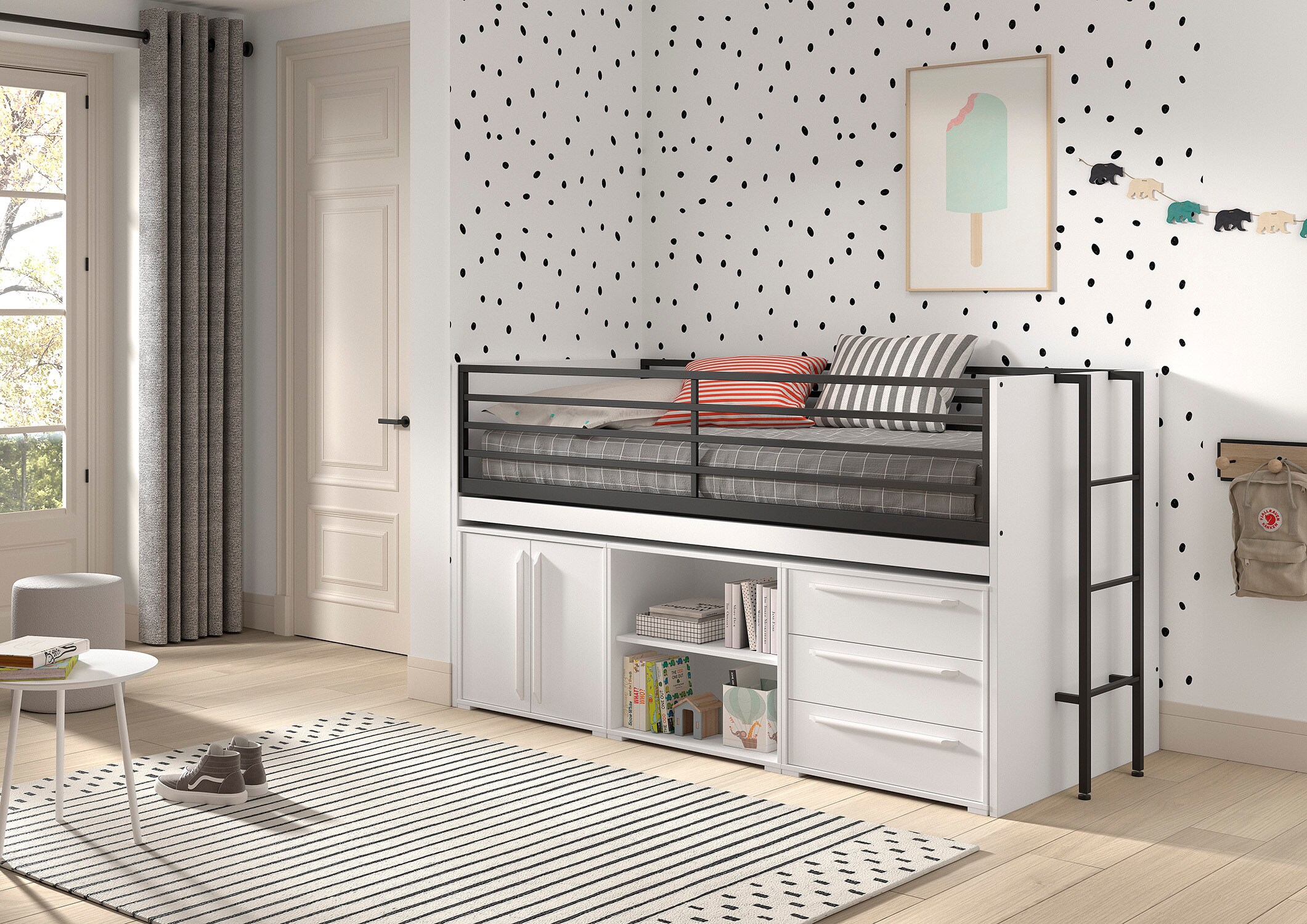 SAM halbhohes Bett mit ausziehbarem Schreibtisch, Regal, Kommode 2-trg., Kommode mit 3 Schubladen, Liegefl&auml;chen 90 x 200 cm, Ausf. Wei&szlig; Melamin Dekor 