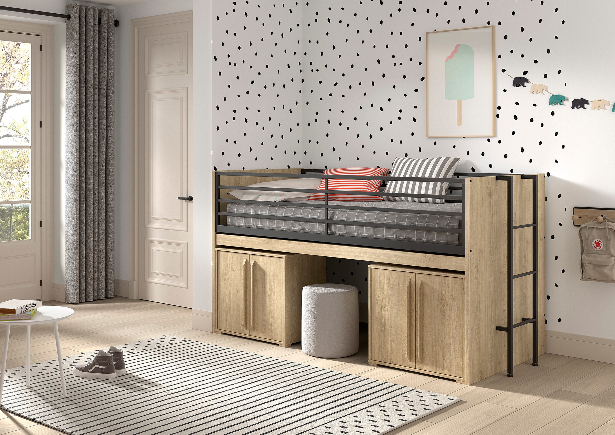 SAM halbhohes Bett mit ausziehbarem Schreibtisch, 2 Kommoden 2-trg., Liegefl&auml;che 90 x 200 cm, Ausf. Eiche Melamin Dekor 