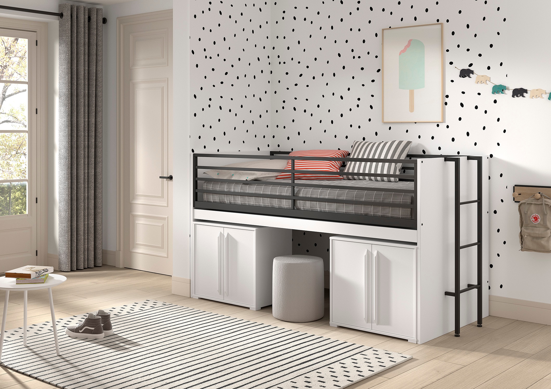 SAM halbhohes Bett mit ausziehbarem Schreibtisch, 2 Kommoden 2-trg., Liegefl&auml;che 90 x 200 cm, Ausf. Wei&szlig; Melamin Dekor 