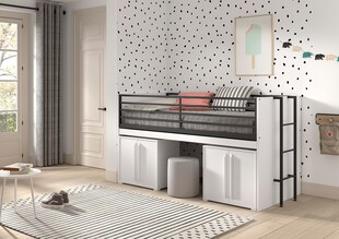 SAM halbhohes Bett mit ausziehbarem Schreibtisch, 2 Kommoden 2-trg., Liegefläche 90 x 200 cm, Ausf. Weiß Melamin Dekor 