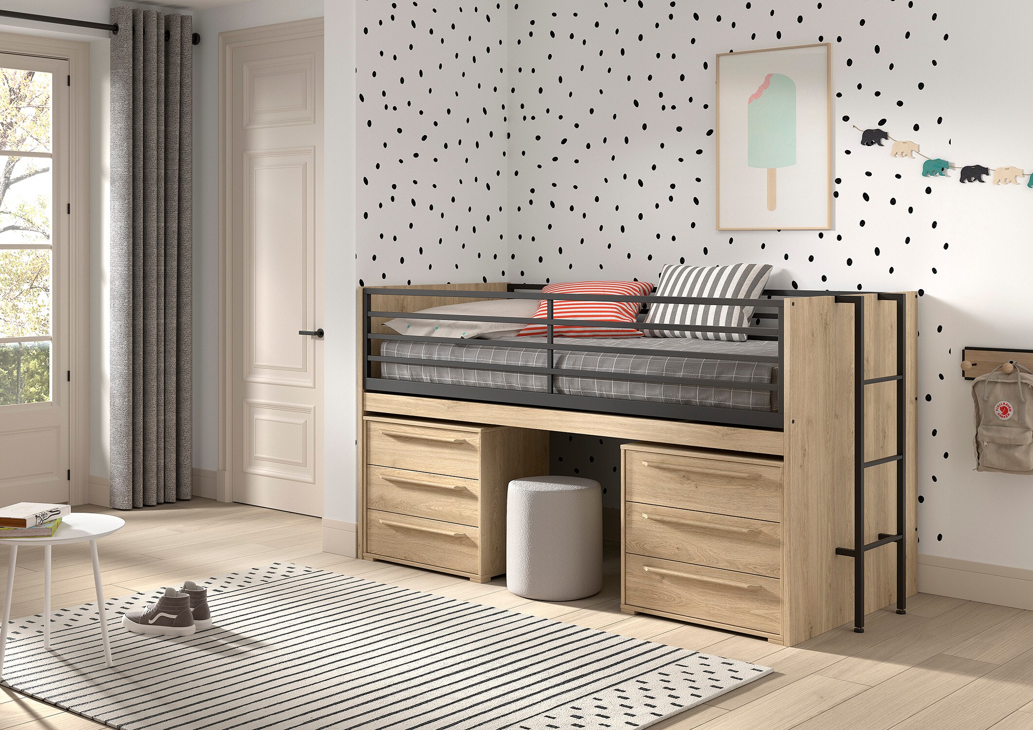 SAM halbhohes Bett mit ausziehbarem Schreibtisch, 2 Kommoden mit 3 Schubladen, Liegefl&auml;chen 90 x 200 cm, Ausf. Eiche Melamin Dekor 