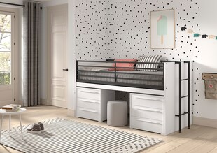 SAM halbhohes Bett mit ausziehbarem Schreibtisch, 2 Kommoden mit 3 Schubladen, Liegeflächen 90 x 200 cm, Ausf. Weiß Melamin Dekor 
