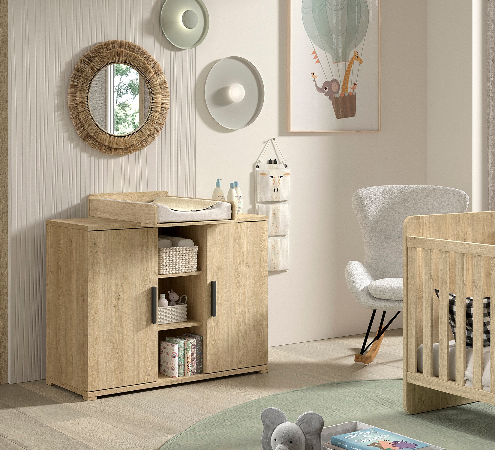 SAM Wickelkommode 2-trg. mit Regal ink. Wickelaufsatz, Ausf. Eiche Melamin Dekor 