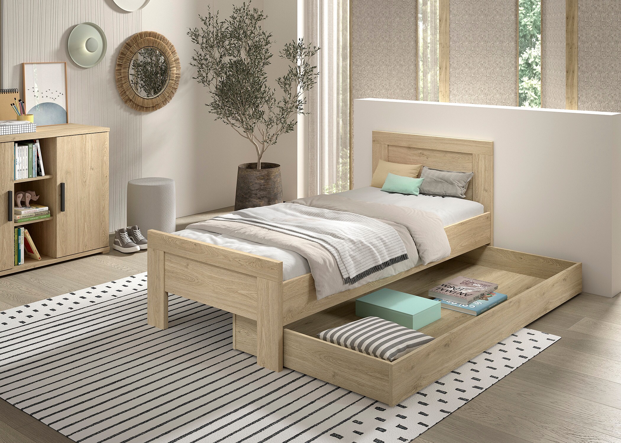 SAM Artikel-Set 2-tlg. best aus, Einzelbett, Bettschublade, Ausf. Eiche Melamin Dekor 