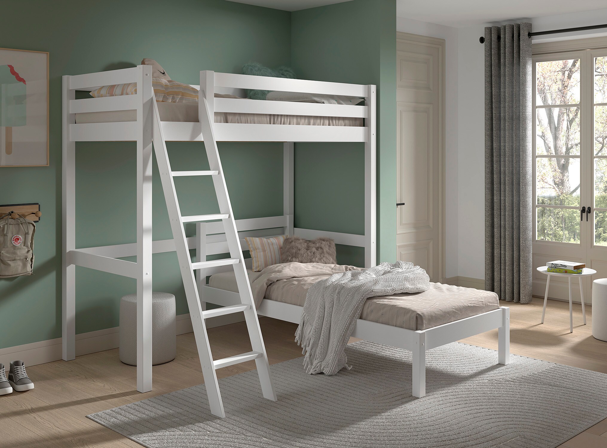 Winkelhochbett Pino2 Liegefl&auml;chen 90x200 cm, inkl. Lattenrost, wei&szlig; lackiert 