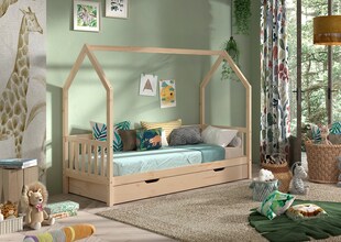 CABANE Hausbett 90x200 cm, seitlicher Umrandung, Bettschublade, Kiefer massiv natur 