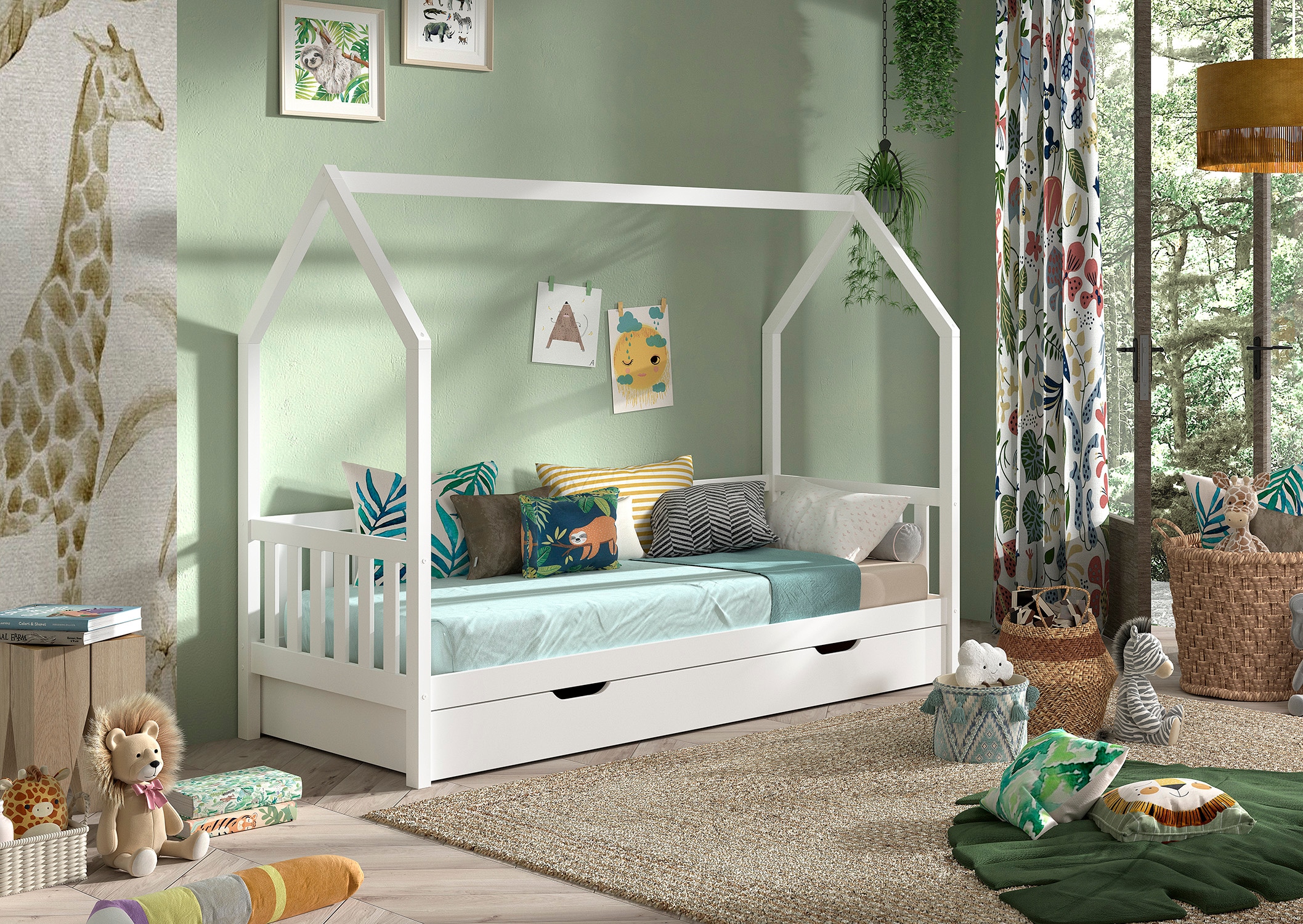 CABANE Hausbett 90x200 cm, seitlicher Umrandung, Bettschublade, Kiefer massiv wei&szlig; 