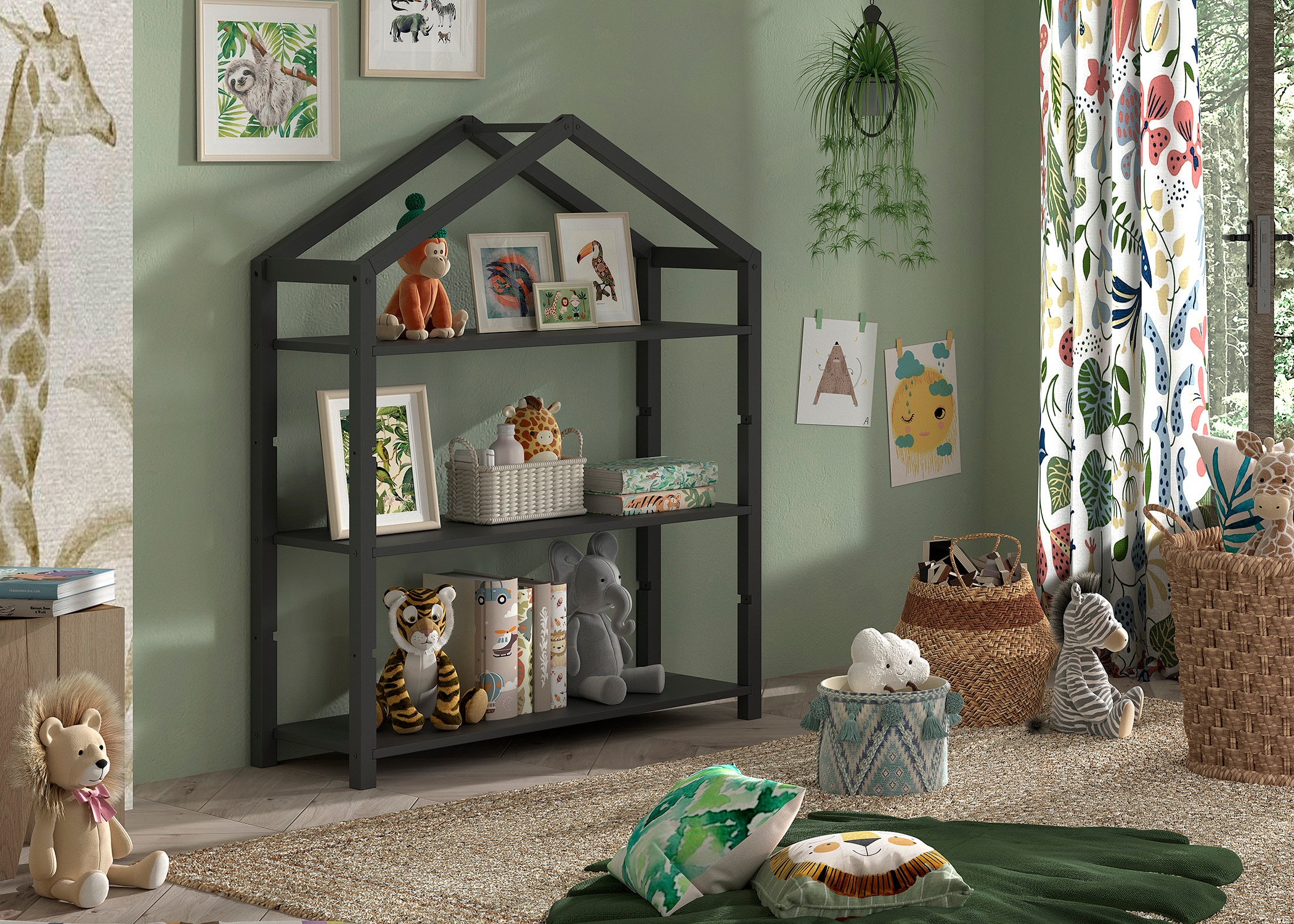 DALLAS Regal inkl. 3 B&ouml;den, mit Giebel-Optik, Ausf. Kiefer massiv anthrazit 