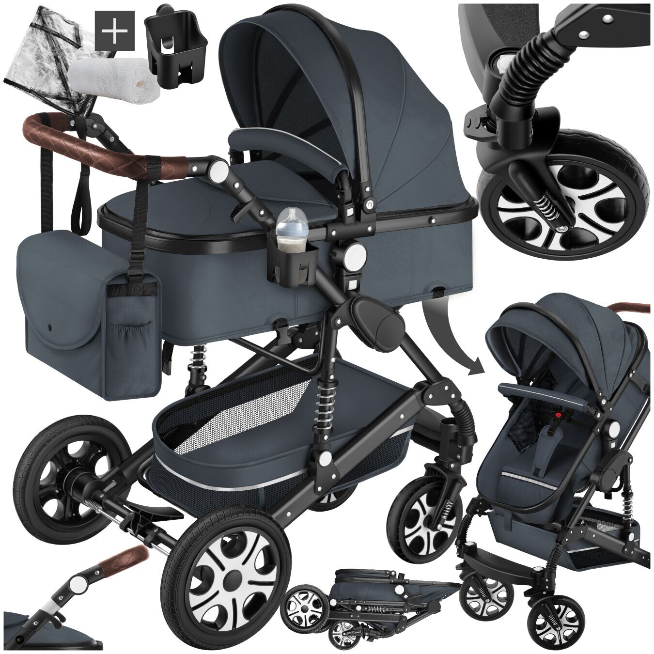 tectake® Kombi-Kinderwagen, 2 in 1, klappbar, mit 5-Punkt-Gurt, Bremse, Schutzbügel und Handschlaufe, pulverbeschichteter Aluminiumrahmen, pflegeleichter Stoffbezug, für 0 bis 36 Monate geeignet, Belastbarkeit