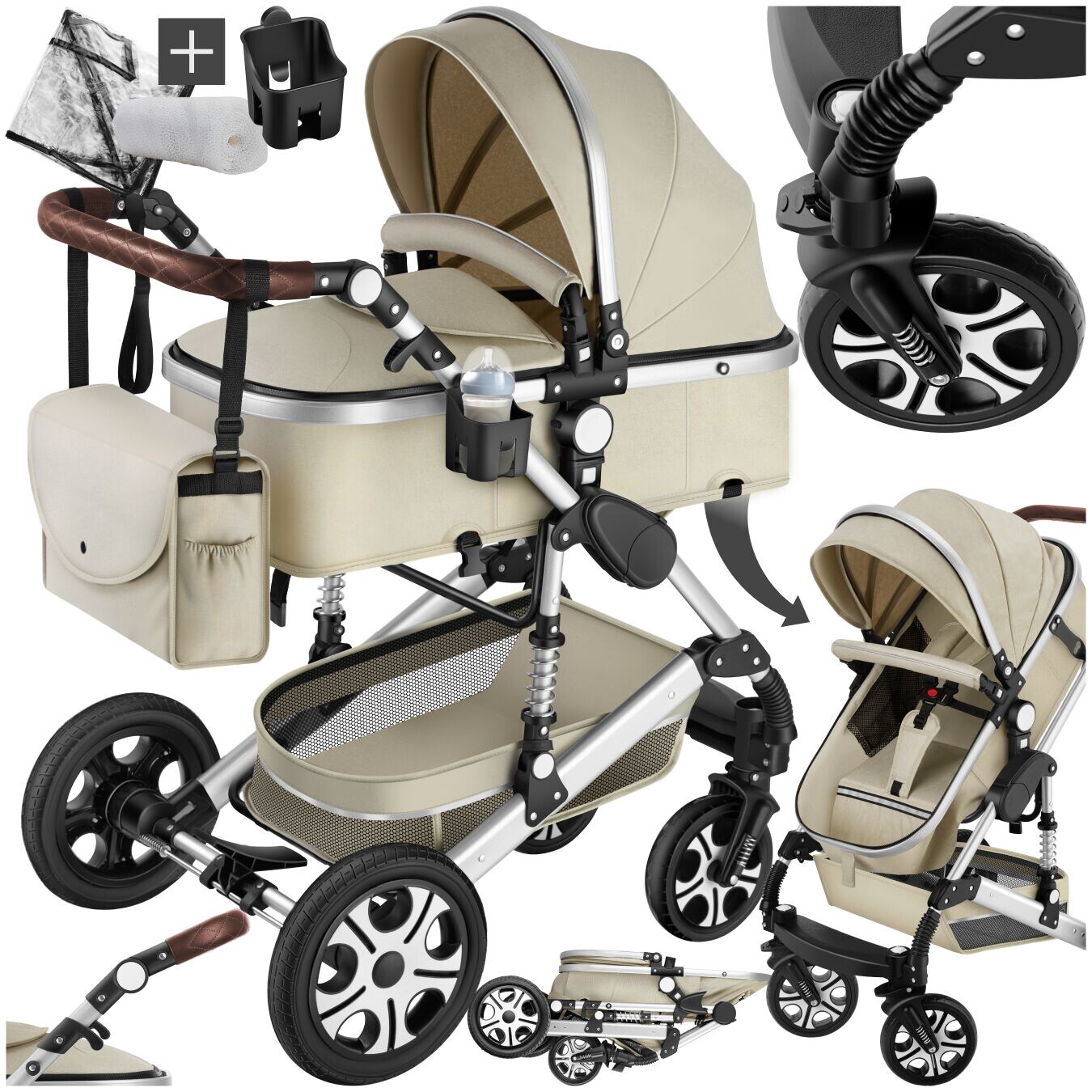 tectake® Kombi-Kinderwagen, 2 in 1, klappbar, mit 5-Punkt-Gurt, Bremse, Schutzbügel und Handschlaufe, pulverbeschichteter Aluminiumrahmen, pflegeleichter Stoffbezug, für 0 bis 36 Monate geeignet, Belastbarkeit