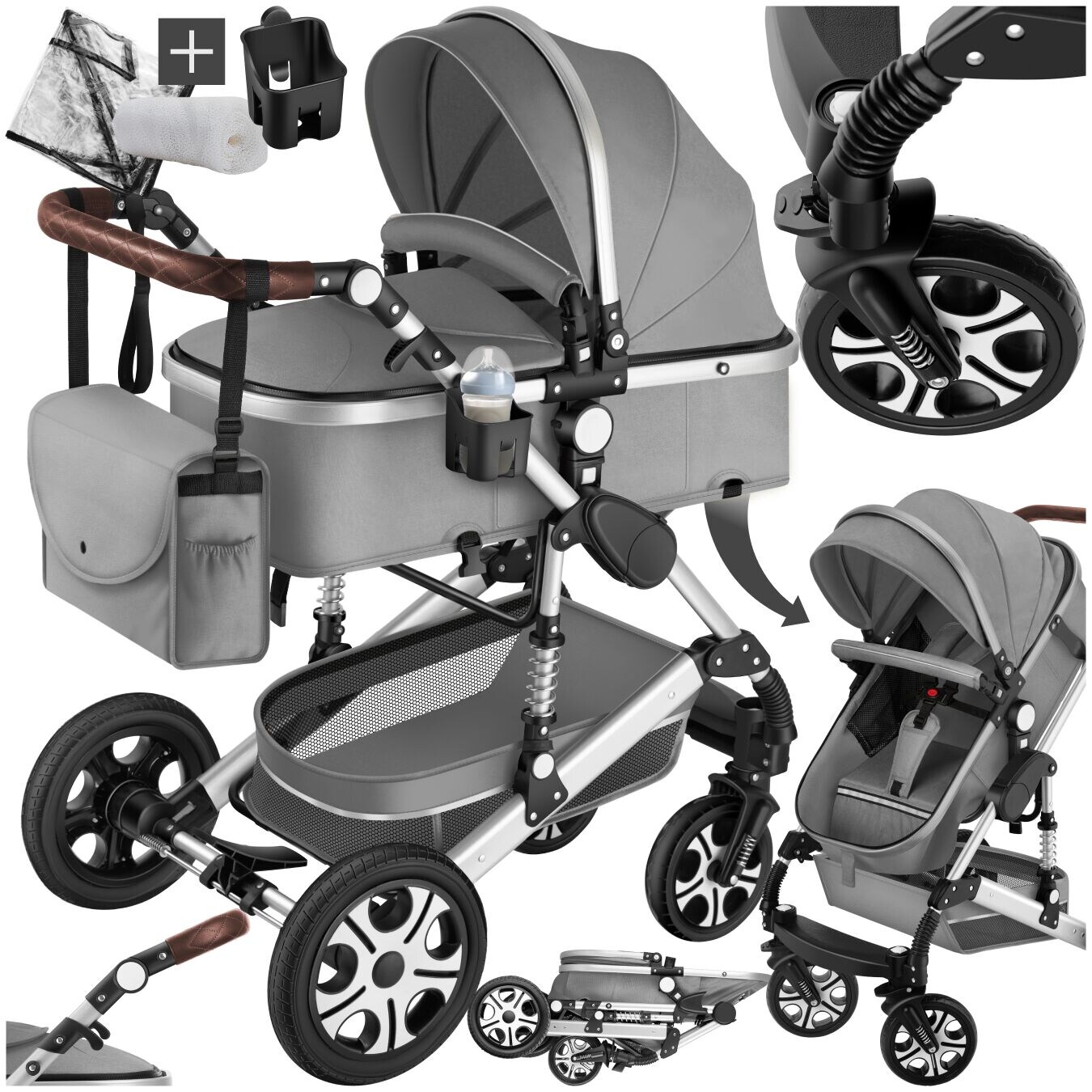 tectake® Kombi-Kinderwagen, 2 in 1, klappbar, mit 5-Punkt-Gurt, Bremse, Schutzbügel und Handschlaufe, pulverbeschichteter Aluminiumrahmen, pflegeleichter Stoffbezug, für 0 bis 36 Monate geeignet, Belastbarkeit