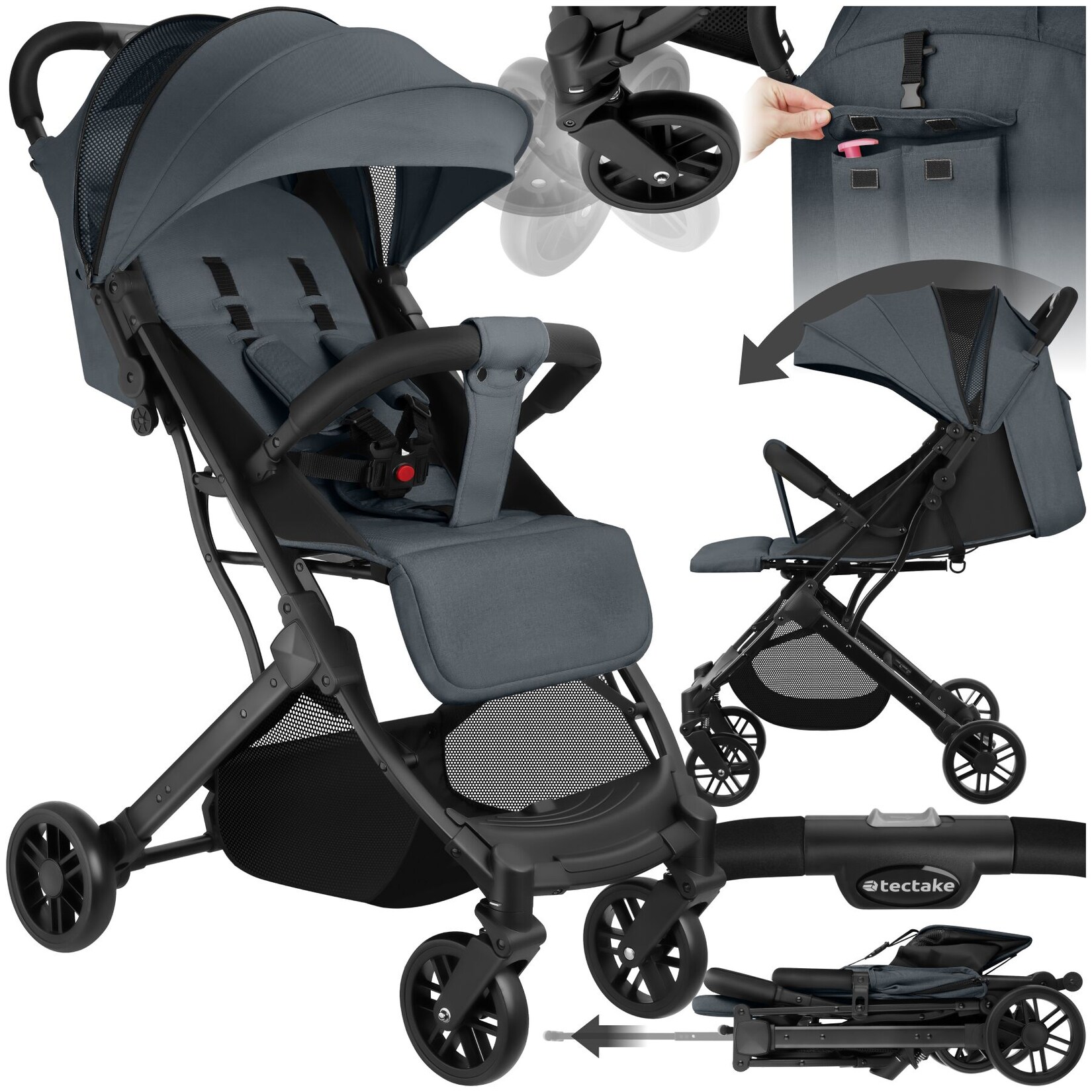 tectake® Buggy-Kinderwagen, Einhand-Klappmechanismus, mit 5-Punkt-Gurt, Feststellbremse, Schutzbügel, pulverbeschichtetes Stahlgestell und pflegeleichter Stoffbezug, für 0 bis 36 Monate geeignet, Belastbarkeit