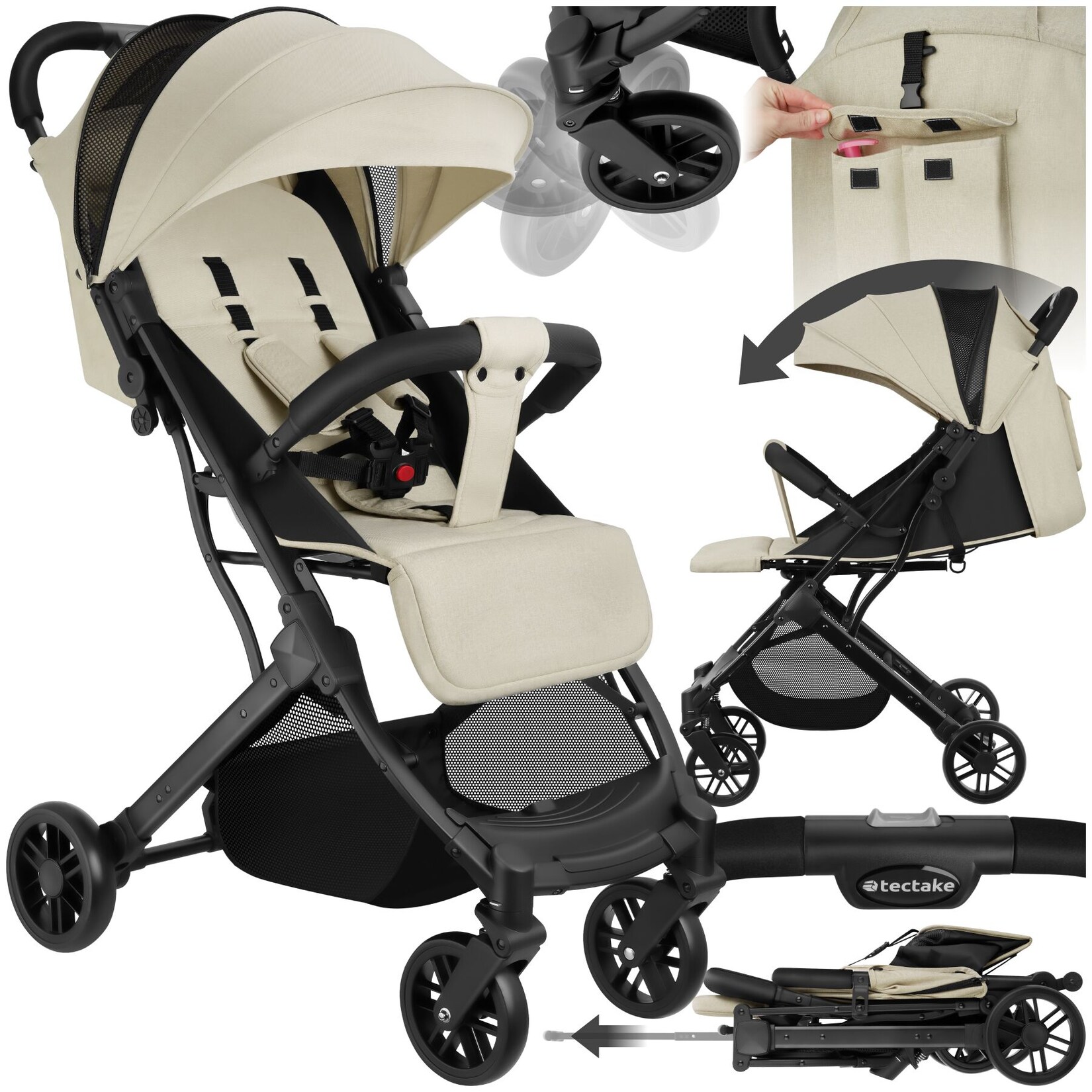 tectake® Buggy-Kinderwagen, Einhand-Klappmechanismus, mit 5-Punkt-Gurt, Feststellbremse, Schutzbügel, pulverbeschichtetes Stahlgestell und pflegeleichter Stoffbezug, für 0 bis 36 Monate geeignet, Belastbarkeit
