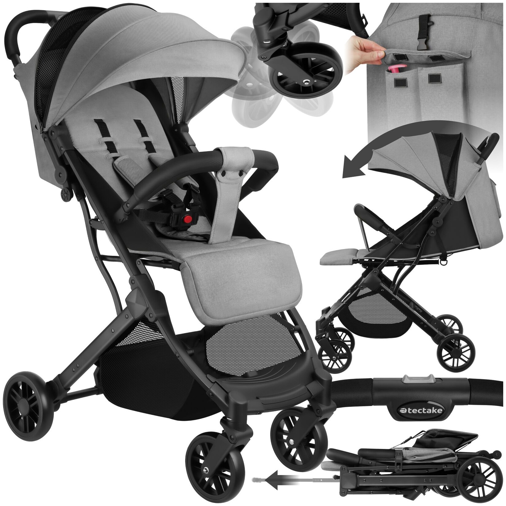 tectake® Buggy-Kinderwagen, Einhand-Klappmechanismus, mit 5-Punkt-Gurt, Feststellbremse, Schutzbügel, pulverbeschichtetes Stahlgestell und pflegeleichter Stoffbezug, für 0 bis 36 Monate geeignet, Belastbarkeit