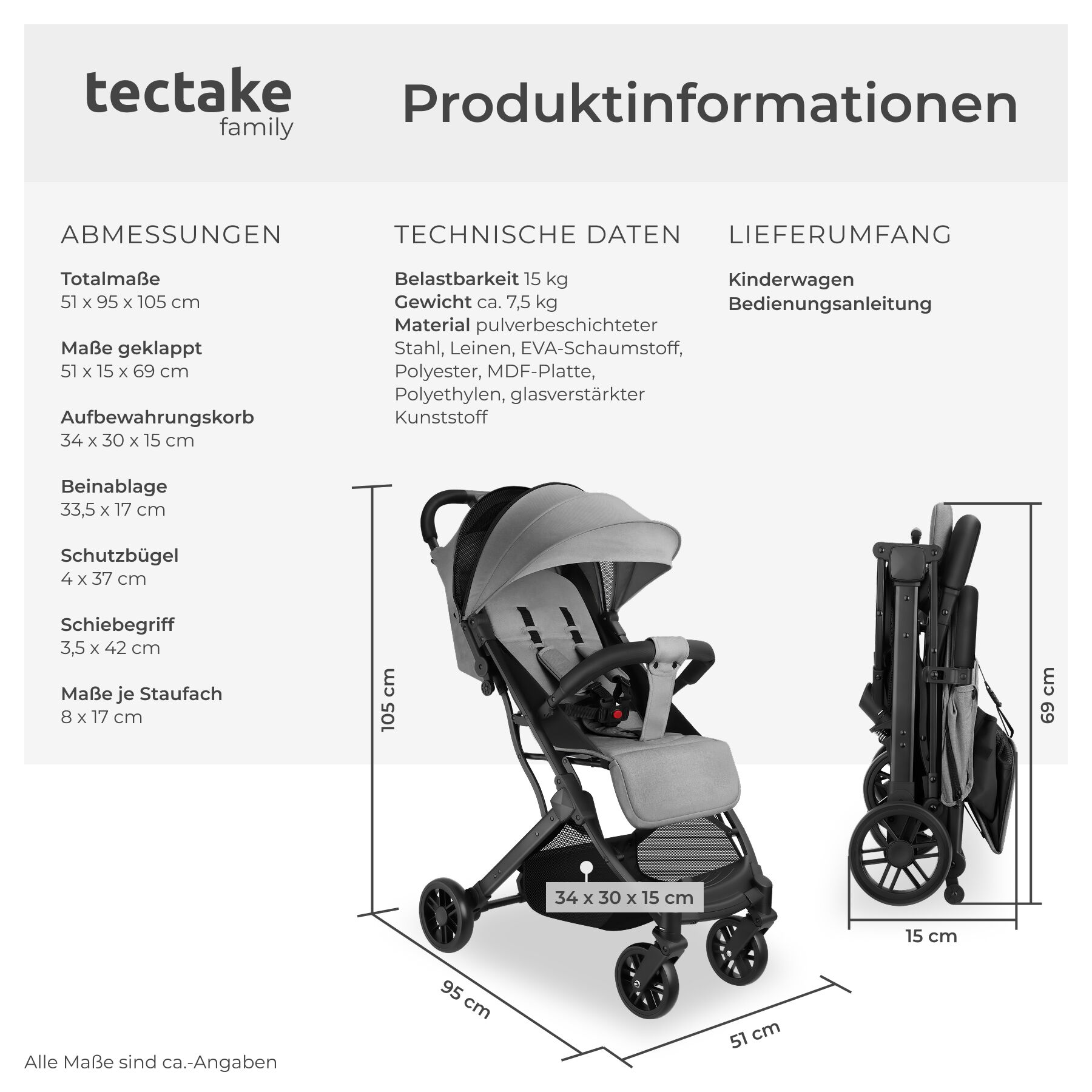 tectake Buggy-Kinderwagen, Einhand-Klappmechanismus, mit 5-Punkt-Gurt,  Feststellbremse, Schutzbgel, pulverbeschichtetes Stahlgestell und p