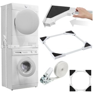 tectake® Verbindungsrahmen, für Waschmaschinen und Wäschetrockner, langlebiger Kunststoff und rostfreier Edelstahl, 46 - 66 x 46 - 66 x 7 cm, inklusive Ratschenseil 