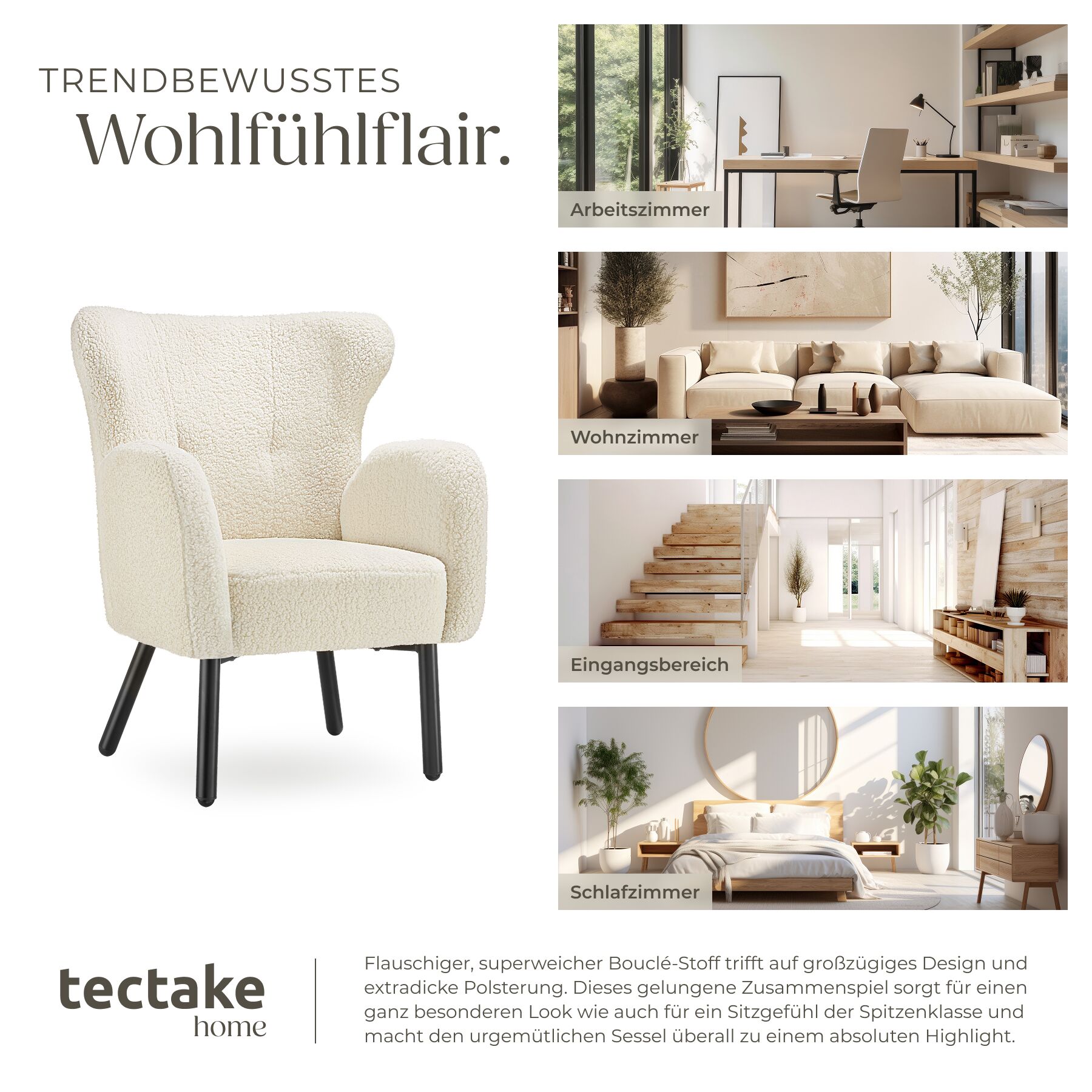 tectake® Sessel, dick gepolstert, mit Bouclé-Bezug, runde, pulverbeschichtete Stahlbeine, 72 x 71 x 92 cm bei Marktkauf online bestellen