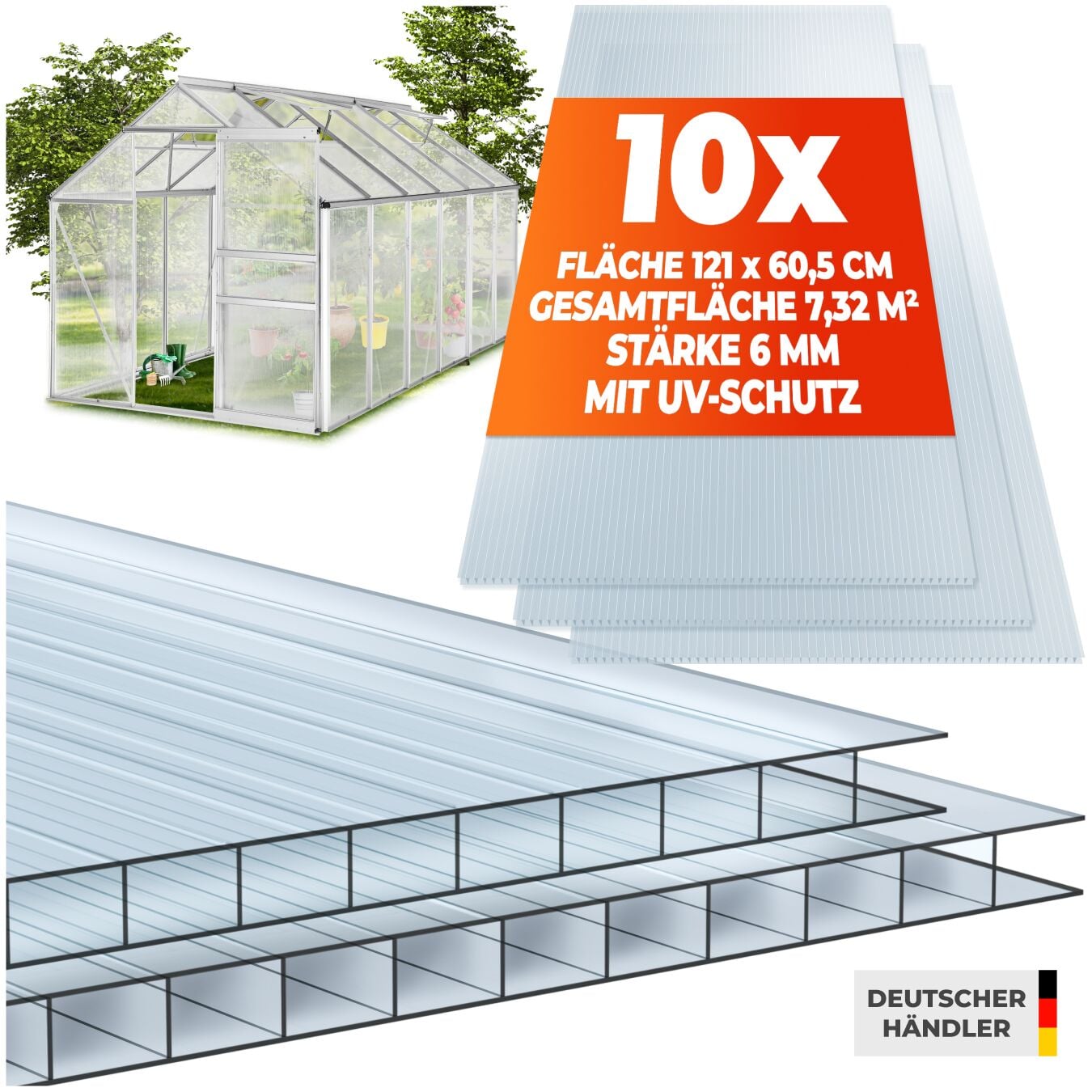 tectake&reg; 10er Set Doppelstegplatten, 7,32 m&sup2; Gesamtfl&auml;che, individuell zuschneidbar, w&auml;rmed&auml;mmend, temperaturresistent, 121 x 60,5 x 0,6 cm je Platte 