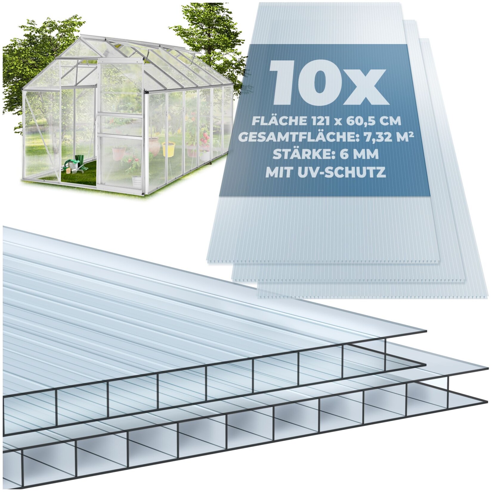 tectake® 10er Set Doppelstegplatten, 7,32 m² Gesamtfläche, individuell zuschneidbar, wärmedämmend, temperaturresistent, 121 x 60,5 x 0,6 cm je Platte