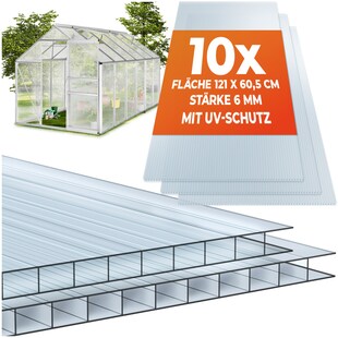 tectake® 10er Set Doppelstegplatten, 7,32 m² Gesamtfläche, individuell zuschneidbar, wärmedämmend, temperaturresistent, 121 x 60,5 x 0,6 cm je Platte 