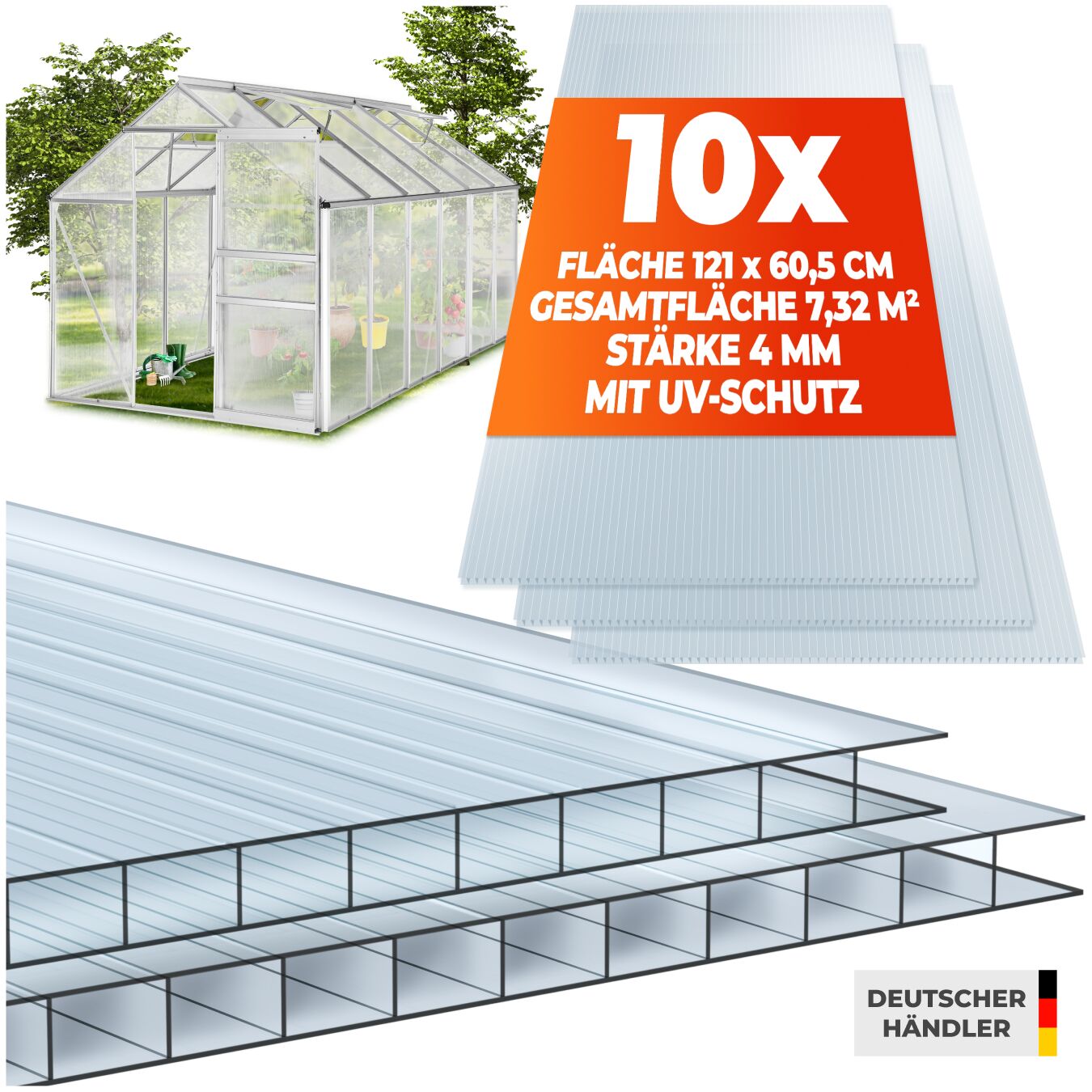 tectake&reg; 10er Set Doppelstegplatten, 7,32 m&sup2; Gesamtfl&auml;che, individuell zuschneidbar, w&auml;rmed&auml;mmend, temperaturresistent, 121 x 60,5 x 0,4 cm je Platte 