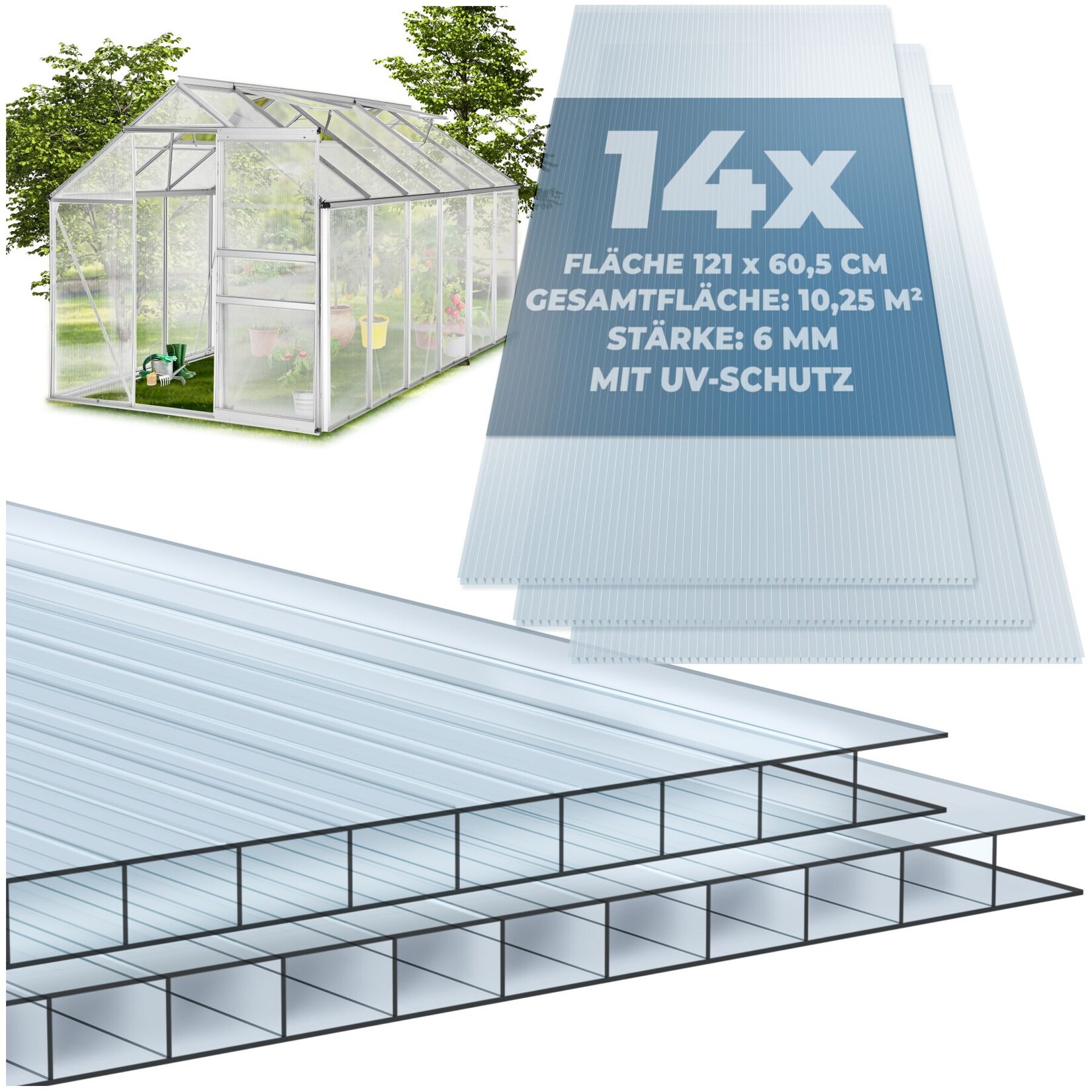 tectake® 14er Set Doppelstegplatten, 10,24 m² Gesamtfläche, individuell zuschneidbar, wärmedämmend, temperaturresistent, 121 x 60,5 x 0,6 cm je Platte