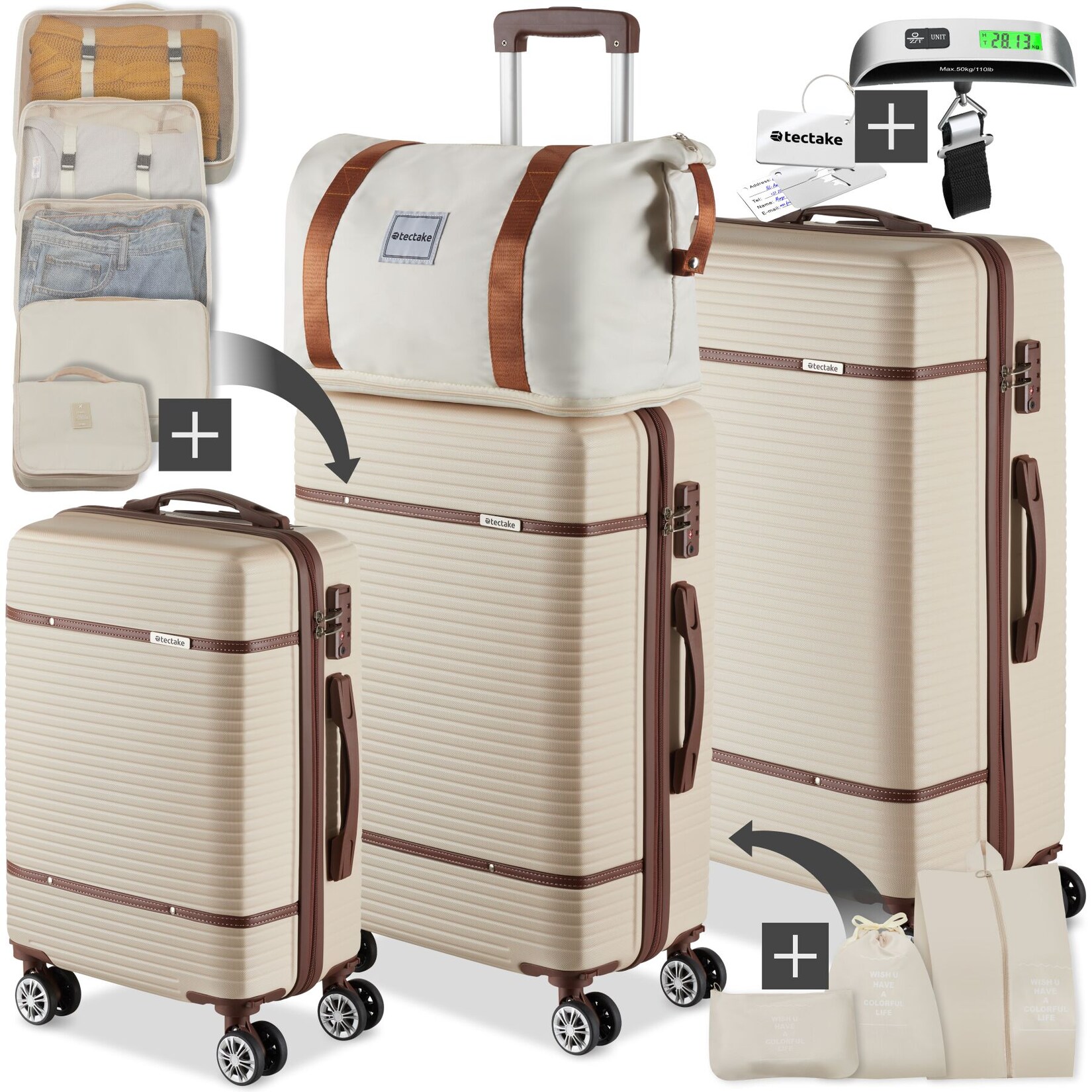 tectake® Reisekofferset, 13-teilig, Hartschalen aus robustem ABS-Kunststoff, 360° drehbare, abnehmbare Doppelrollen, mit Teleskopgriff