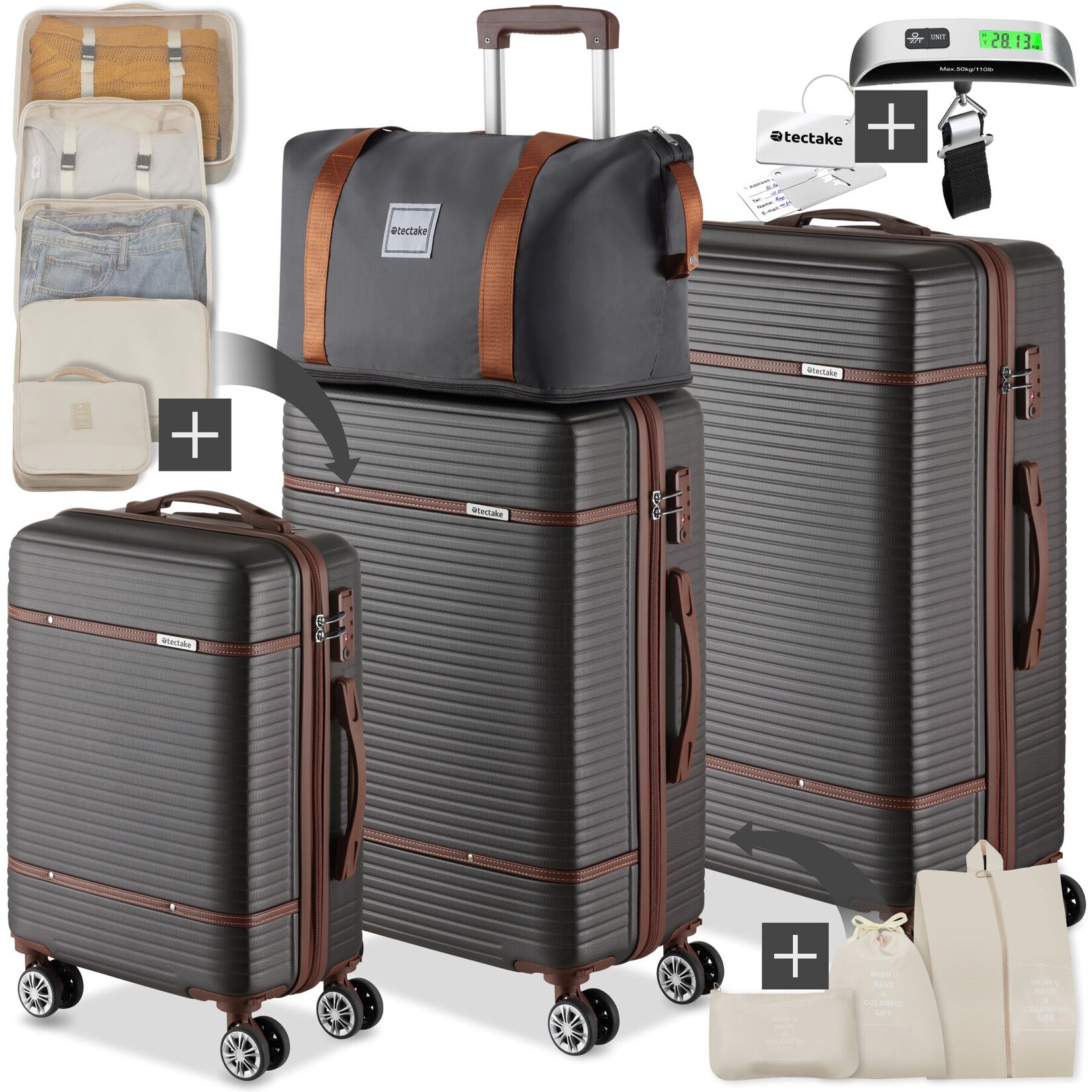 tectake® Reisekofferset, 13-teilig, Hartschalen aus robustem ABS-Kunststoff, 360° drehbare, abnehmbare Doppelrollen, mit Teleskopgriff